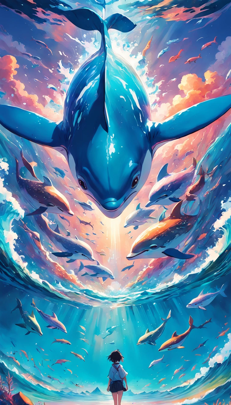 Painting of a dolphin swimming in colorful ocean, Look up at the composition,sky whales, Inspired by Cyril Rolando, dreamy psychedelic anime, colorful anime movie background, A beautiful artwork illustration, author:Shitao, colorful concept art, Makoto Shinkai Cyril Rolando, In the style of Cyril Rolando, flying whale, Highly detailed watercolor 8K, highly detailed water colour 8 k,octane,Fine,Realistic,8K,Estilo de Makoto Shinkai( reasonable design, Clear lines, High sharpness,Best quality, Very detailed, Masterpiece, movie light effect, 4K )