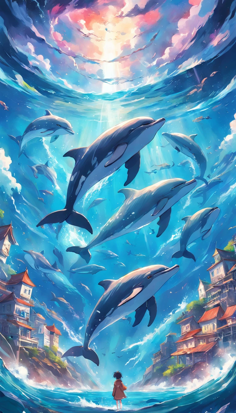 Painting of a pod of dolphins swimming in colorful ocean, Look up at the composition,sky whales, Inspired by Cyril Rolando, dreamy psychedelic anime, colorful anime movie background, A beautiful artwork illustration, author:Shitao, colorful concept art, Makoto Shinkai Cyril Rolando, In the style of Cyril Rolando, flying whale, Highly detailed watercolor 8K, highly detailed water colour 8 k,octane,Fine,Realistic,8K,Estilo de Makoto Shinkai( reasonable design, Clear lines, High sharpness,Best quality, Very detailed, Masterpiece, movie light effect, 4K )