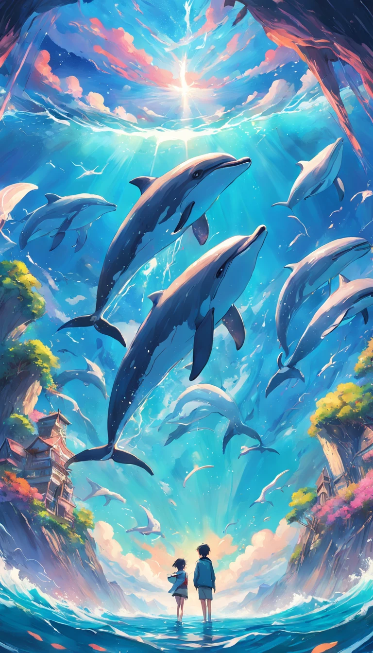 Painting of a pod of dolphins swimming in colorful ocean, Look up at the composition，sky whales, Inspired by Cyril Rolando, dreamy psychedelic anime, colorful anime movie background, A beautiful artwork illustration, author：Shitao, colorful concept art, Makoto Shinkai Cyril Rolando, In the style of Cyril Rolando, flying whale, Highly detailed watercolor 8K, highly detailed water colour 8 k，octane，Fine，Realistic，8K，Estilo de Makoto Shinkai( reasonable design, Clear lines, High sharpness,Best quality, Very detailed, Masterpiece, movie light effect, 4K )