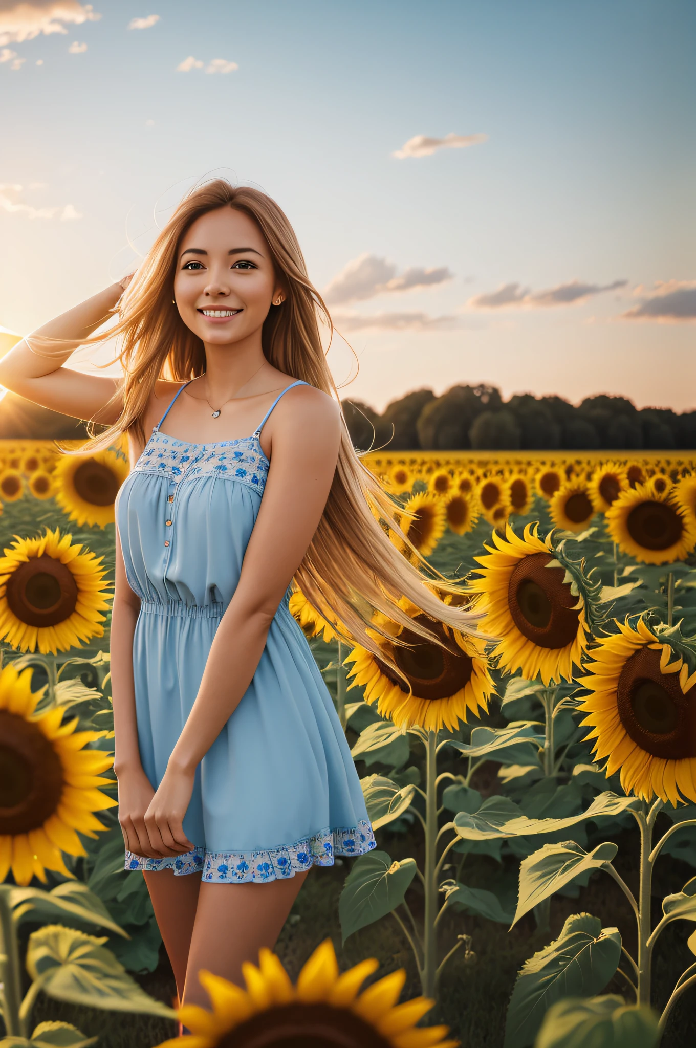 Woman standing in a field of sunflowers, Floating hair, grin, Sony FE GM, hyper HD, High quality, 4K,Super detail --auto