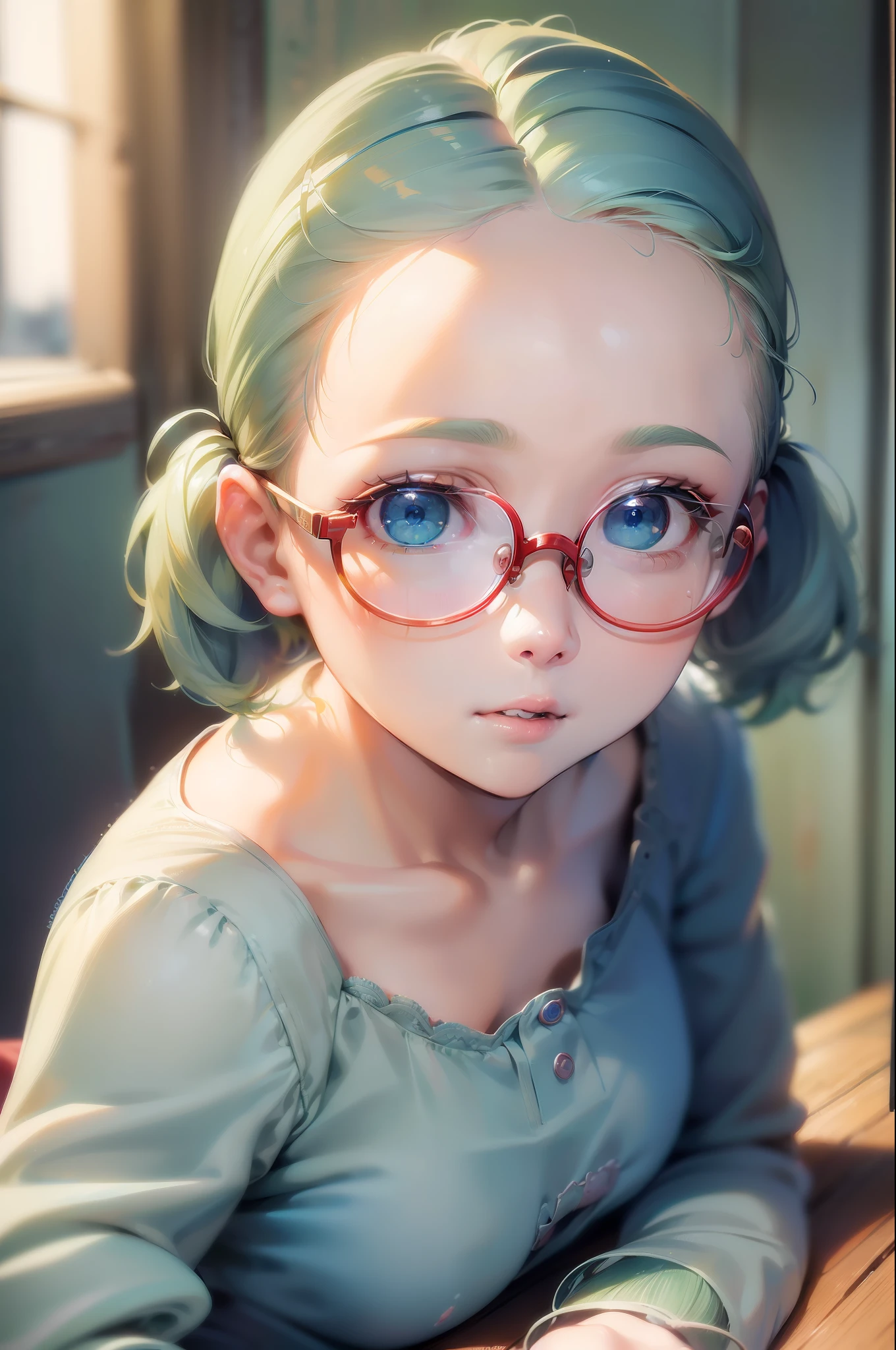 (Best Quality), (masutepiece:1.3), (Photorealistic:1.36), (Realistic), Ultra-detailed, 1girll,  (((Deep Blue Eyes), (pale green hair, Short hair, Forehead, Small pigtails), (Red-rimmed round glasses))), Front lighting,