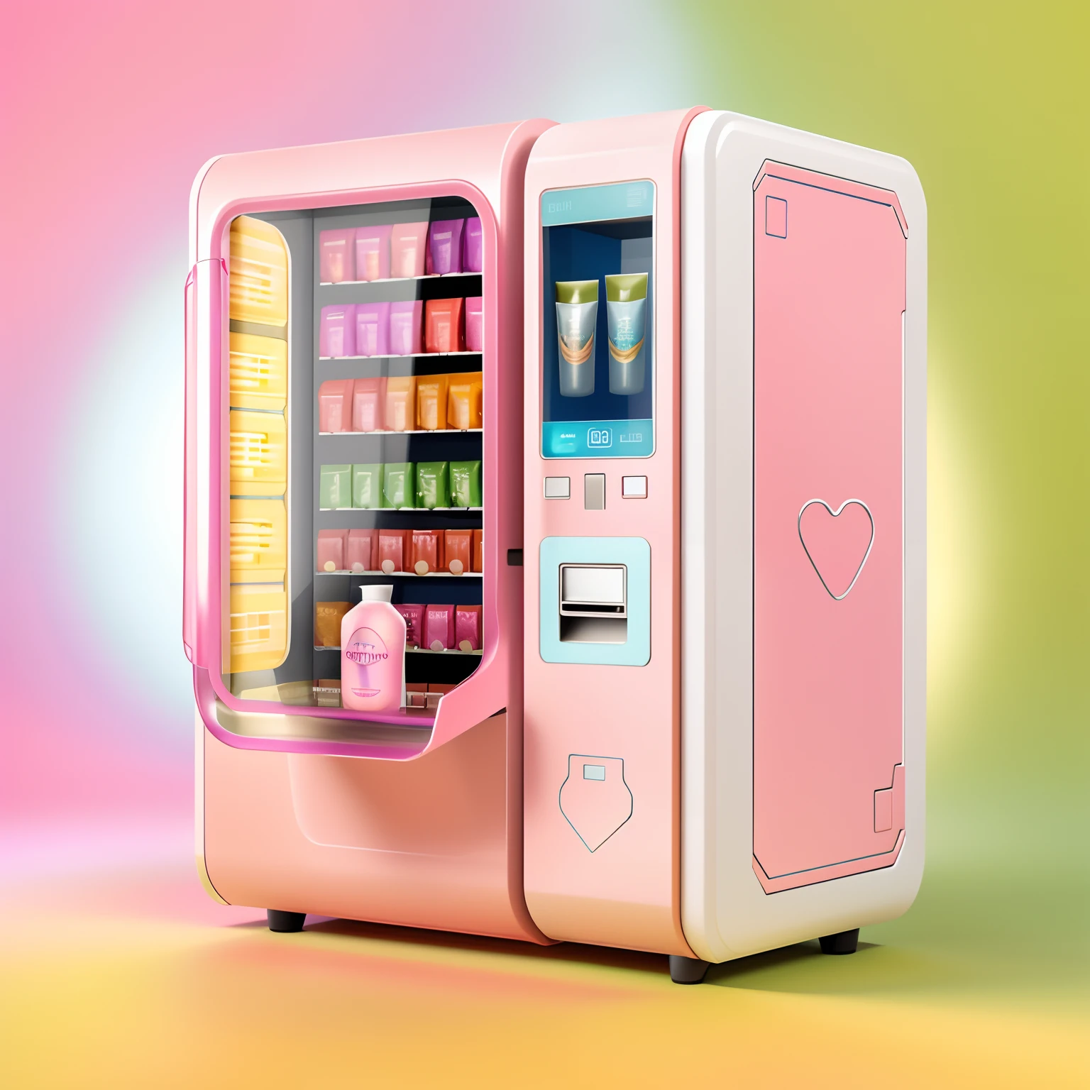 Close-up of cosmetics with display,vending machines,sci-fi vending machine,3D product render,Some are more specific, Descriptive scenarios may appear on the computer,por exemplo, Someone went to the vending machine to buy a sample of Gu Yu's photosensitive water,Or describe the purchase of beauty samples,Some combinations of foil scene elements, Product rendering,Stylistic references attract attention,Bright,A representative element of sunshine fashion,There are reasonable ones on the fuselage, For example, Someone goes,Buy beauty samples, etc,The overall color is mainly light pink and white,Color distribution is 50 each%,Go buy cosmetics,Skincare,People who shop and so on,Wish there were more elements,A little diversified,Fewer colors,Don't be characterized,