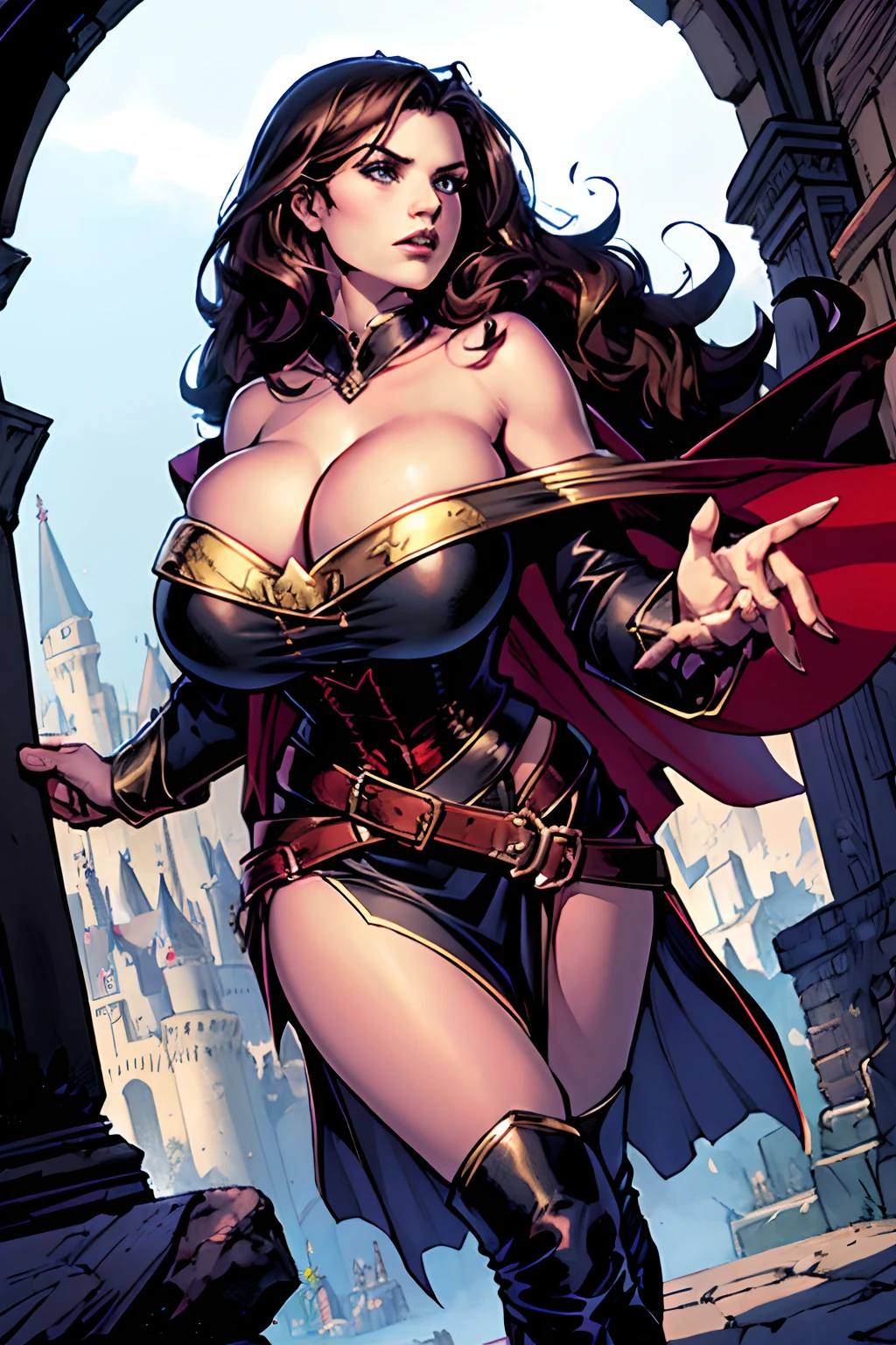 (masterpiece, top quality, best quality, official art, beautiful and aesthetic:1.2), (1girl:1.3), long and curly dark brown hair, extremely detailed, portrait, looking at viewer, solo, (full body:0.6), detailed background, close up, mischievous eyes, (warm summer castle theme:1.1), sorceress, charlatan, smirk, mysterious, casting a spell in a courtyard, revealing sorcerer attire, red skirts, off shoulder, long sleeves, loose sleeves, black leather, cloak, corset, black leggings, black trousers, black pants, long brown boots, buckles, straps, pouches, glowing magic energy, red fabric, white trim, black leather, ((((gigantic breasts, cleavage, skindentation)))), slim waist, slim hips, long legs, medieval (castle exterior:1.1) background, dark mysterious lighting, shadows, magical atmosphere, dutch angle