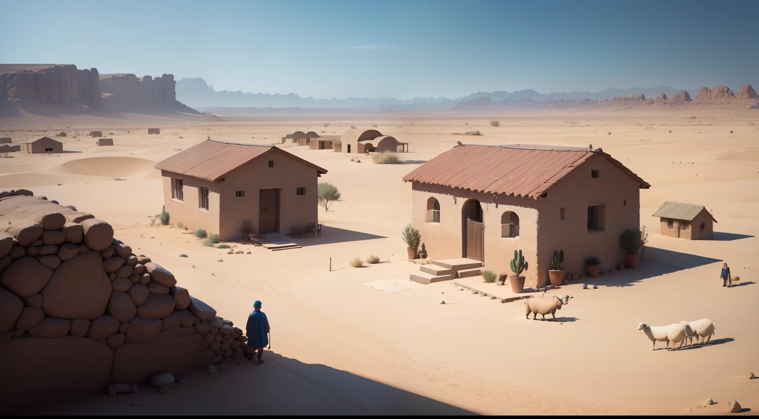 A remote village in the desert,A father and son in the yard,Sheep in the distance,Expressed from a cinematic wide-angle perspective。