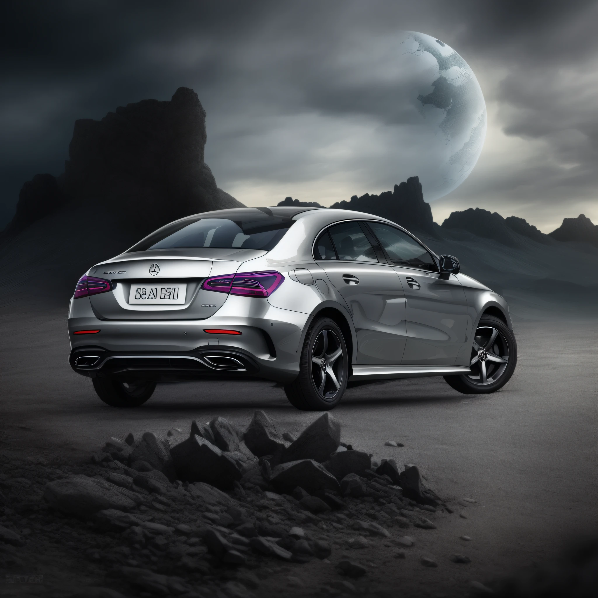 A gray Mercedes Benz sports car is parked in front of the hill, car commercial photograph, vehicle photography, promotional render, hyper realistic background, automotive photography, very realistic render, automotive photography, auto photography, photoreal render, 3 d render and matte painting, futuristic product car shot, highly photographic render, hyper realistic rendering, photographic render, hyper realistic detailed rendering, amazing contrasting background，Gray car