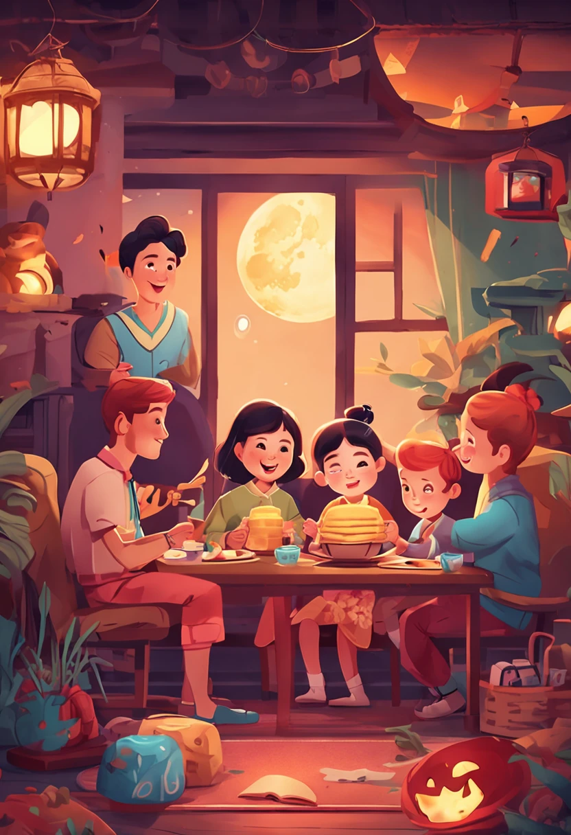 (top-quality、8K、tmasterpiece:1.3)、Full moon and stars in sky illustration，The family sits together eating mooncakes,Mom and dad laugh with the kids，In a living room、Bright house scene，extremely detailed face and skin，Heartwarming scene，perfect  detail