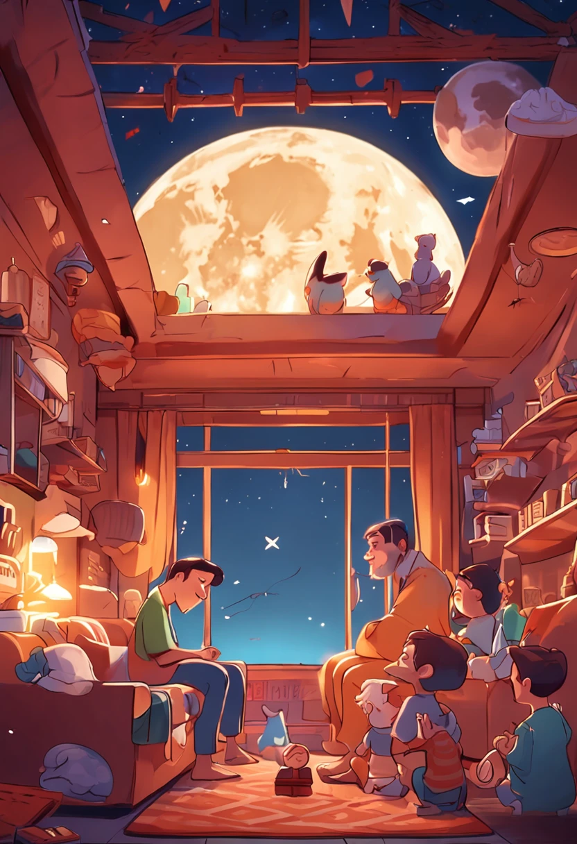 (top-quality、8K、tmasterpiece:1.3)、Full moon and stars in sky illustration,The family sits together eating mooncakes,Mom and dad laugh with the kids,In a living room、Bright house scene,extremely detailed face and skin,Heartwarming scene,perfect detail