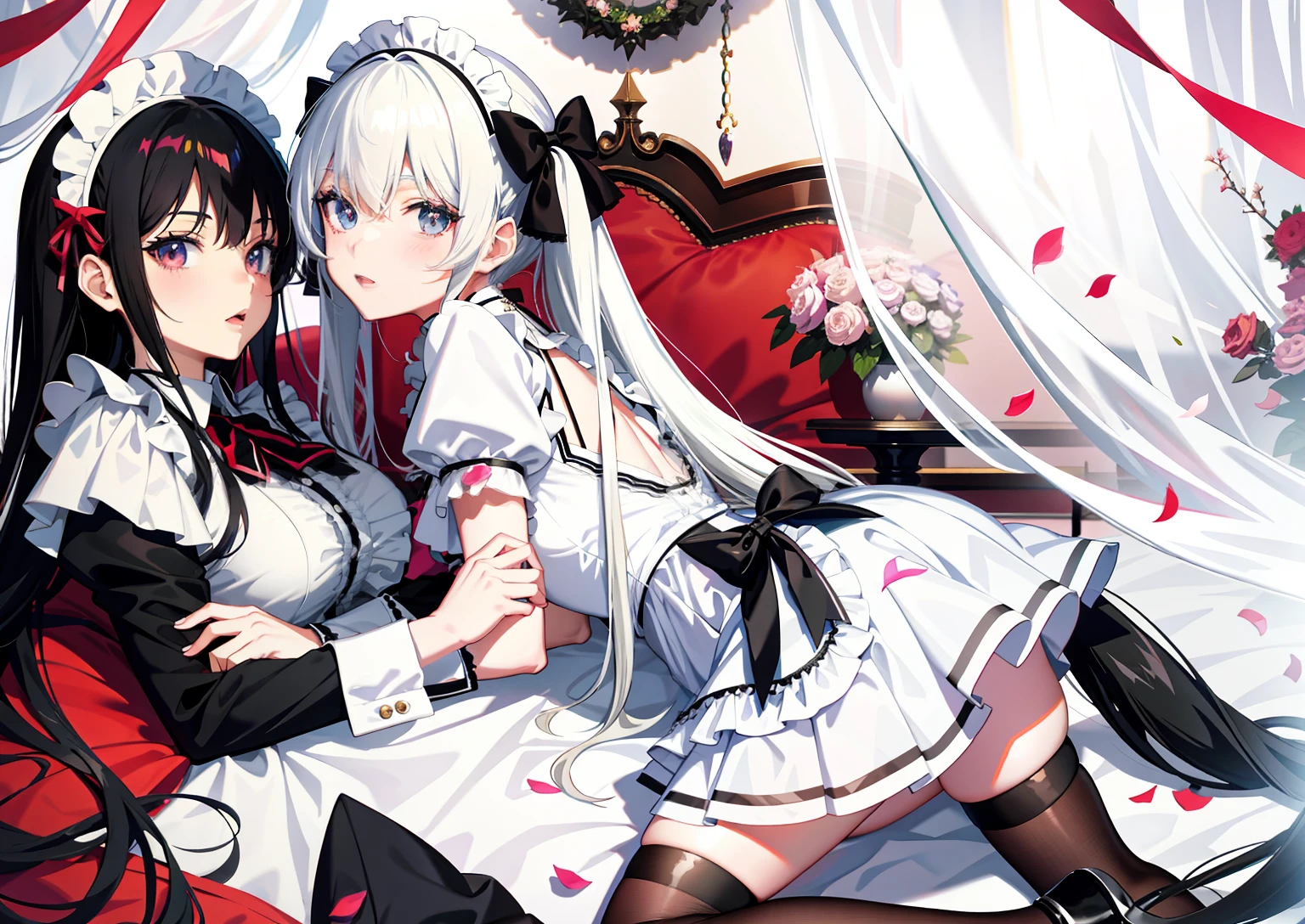 Anime image of two black-haired women in maid costumes lying on bed, Anime girl in gothic maid outfit, Anime girl wearing maid costume, Maid outfit, wearing maid uniform, gorgeous maid, gothic maiden anime girl, nightcore, anime style like fate/stay night, Maid dress, twintails white_mitts，Black color hair