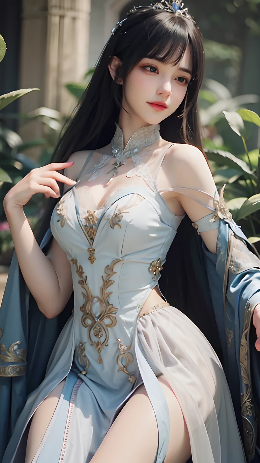 a woman in a blue dress posing for a picture, intricate fantasy dress, dreamy dress, a beautiful fantasy empress, fantasy style clothing, Gorgeous Role Play, ((a beautiful fantasy empress)), beautiful and elegant elf queen, very beautiful elven top model, fantasyoutfit, fantasy long intricate gown, Ethereal beauty, dreamy dress, Ethereal fantasy, Intricate fantasy robes, Oriental fantasy