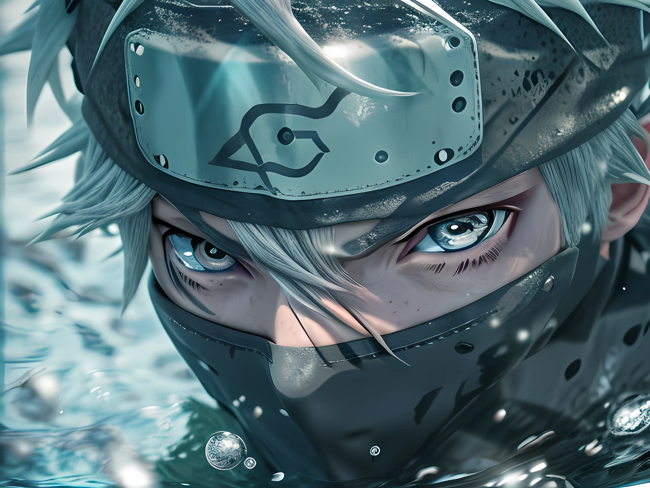 Anime characters with white hair and black eyes in the water, kakashi hatake, Kakashi, Badass anime 8 K, clean detailed art,
