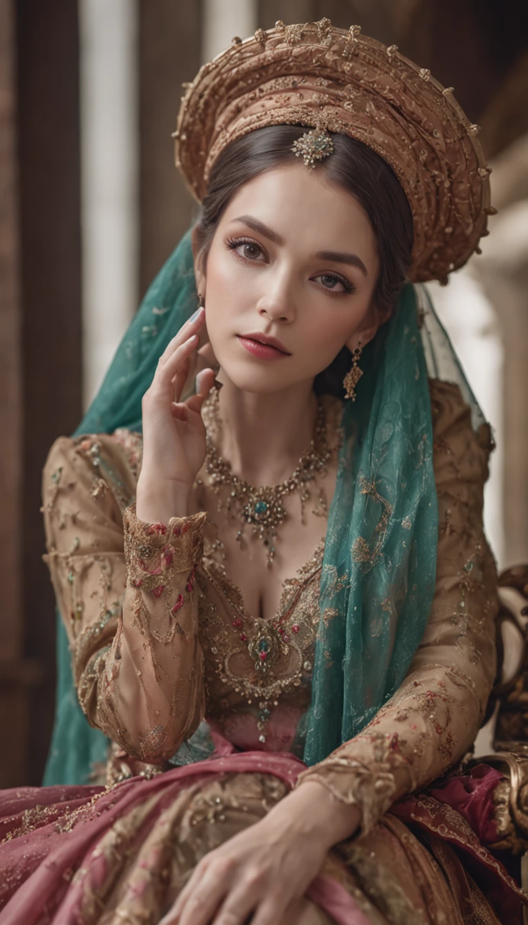(Outstanding、Professional)、female elf servant in colorful veils sitting on an intricate chair