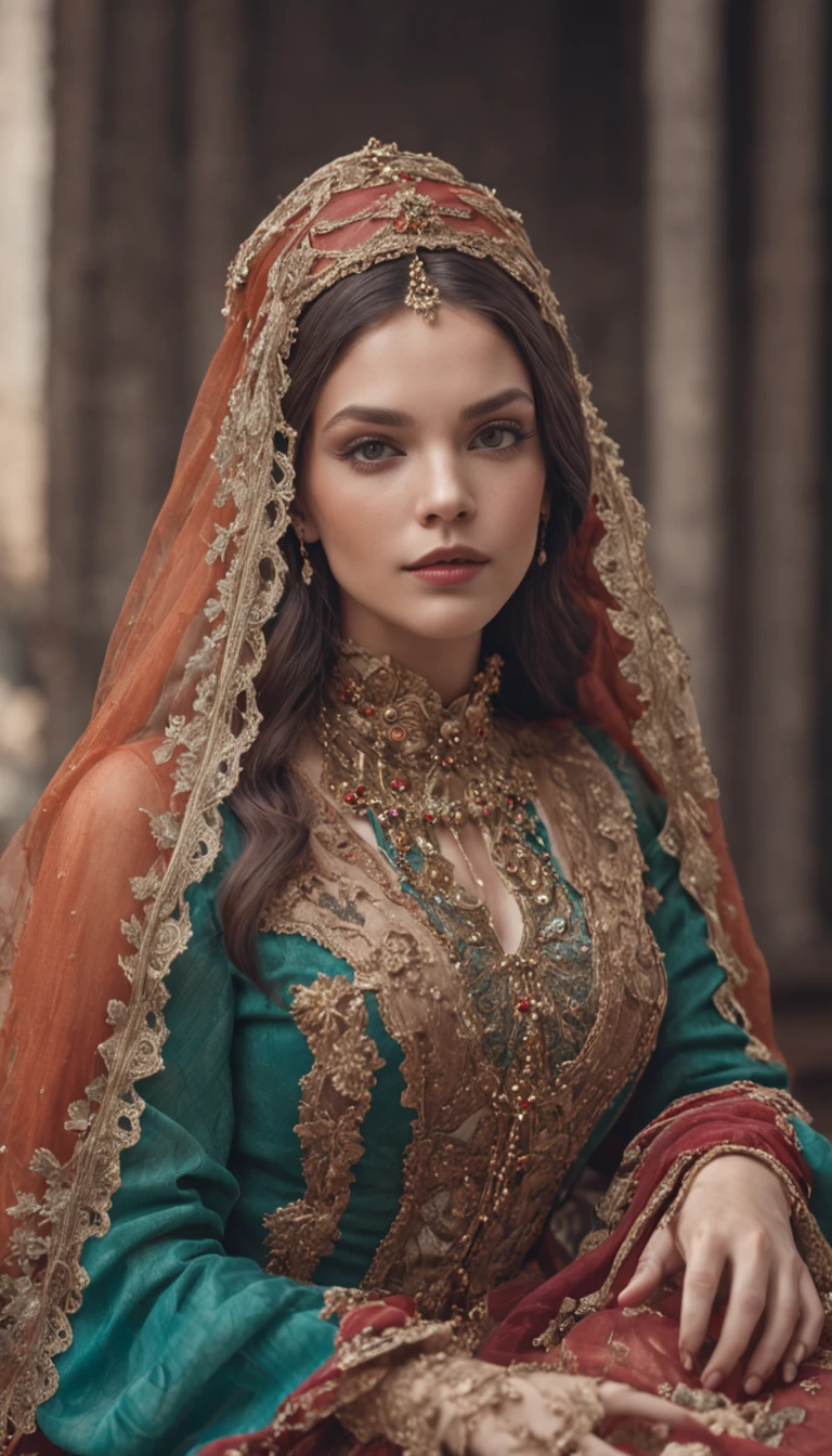 (Outstanding、Professional)、female elf servant in colorful veils sitting on an intricate chair