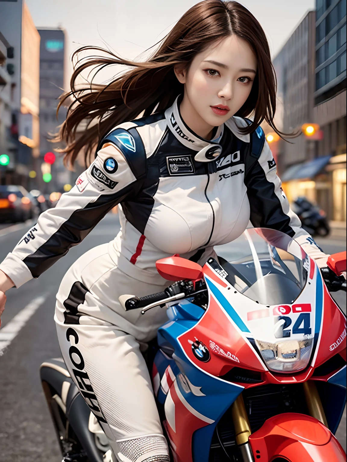 The highest image quality，Excellent detail，超高分辨率，（真实感：1.4），The best illustrations，Favor detail，Cinematic lighting，Highly concentrated，Korean star poster，1girll，exquisite and beautiful face，huge boob，Sexy pink white racing suit，Long hair，Hair flying，Hold the direction controller，(BMW streamlined motorcycle race)，riding a motorcycle，the background is a high-tech lighting scene of the city of the future。Detailed eyes，detailed nose，Detailed lips，Slender thighs，(Ultra-realistic skin texture)，White balance