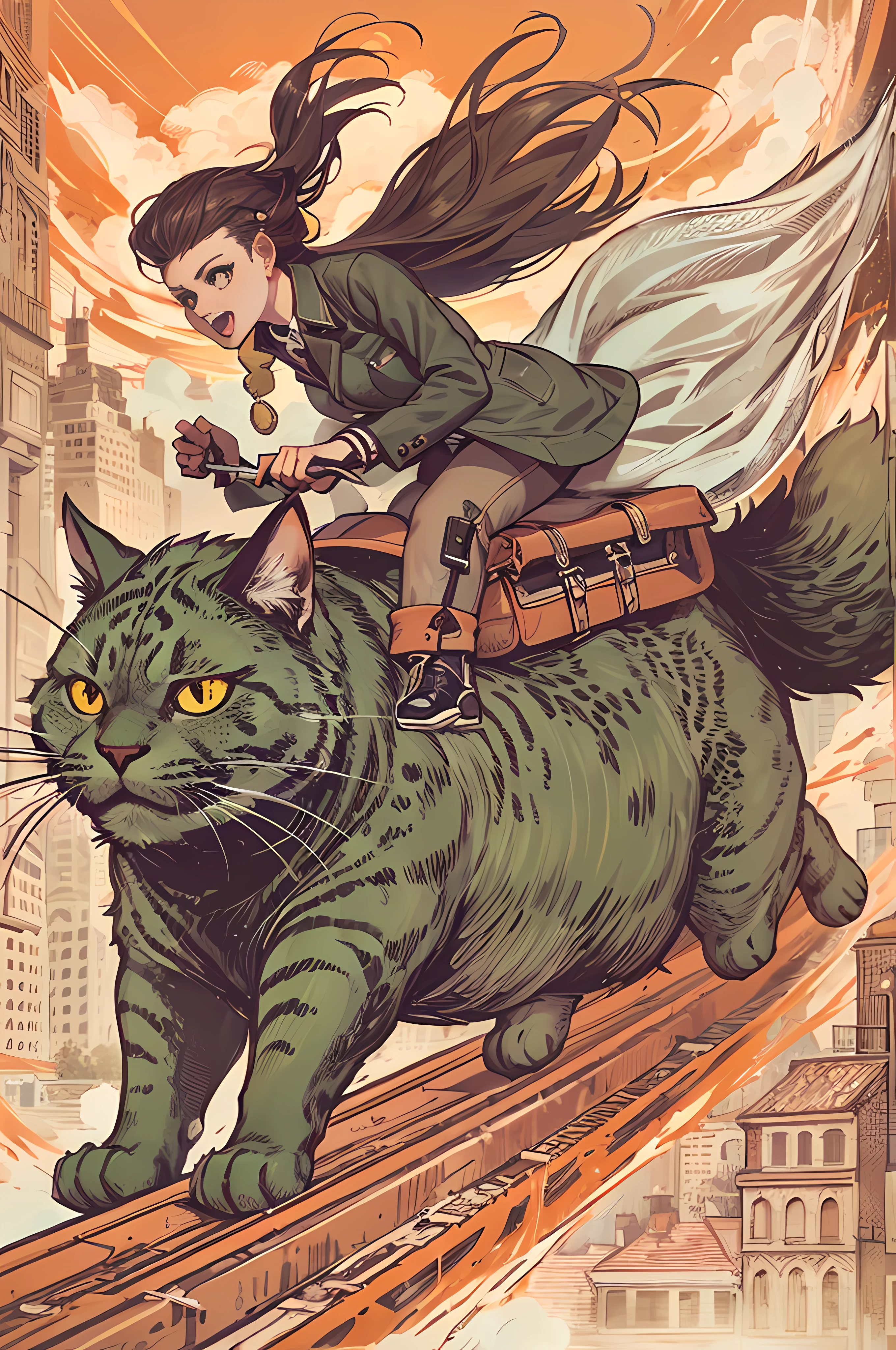 Woman in Seyd punk style riding a giant cat