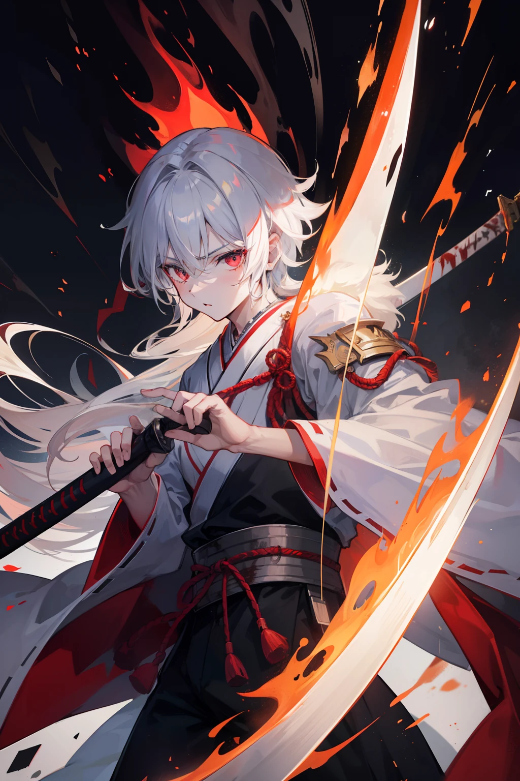 2boys,cabelos preto e longos,Red-eyed teenage man,Stand on an empty street at night,extreme hight detail,White jacket,Black Hakama,Aoba Ori,Holding a huge blood-colored weapon in one hand,A Japanese style,Intimidating,Engulfed in flames、Sword,wall-paper,CG compositing,Japan best swordsman、action、Glowing eerily with lightning