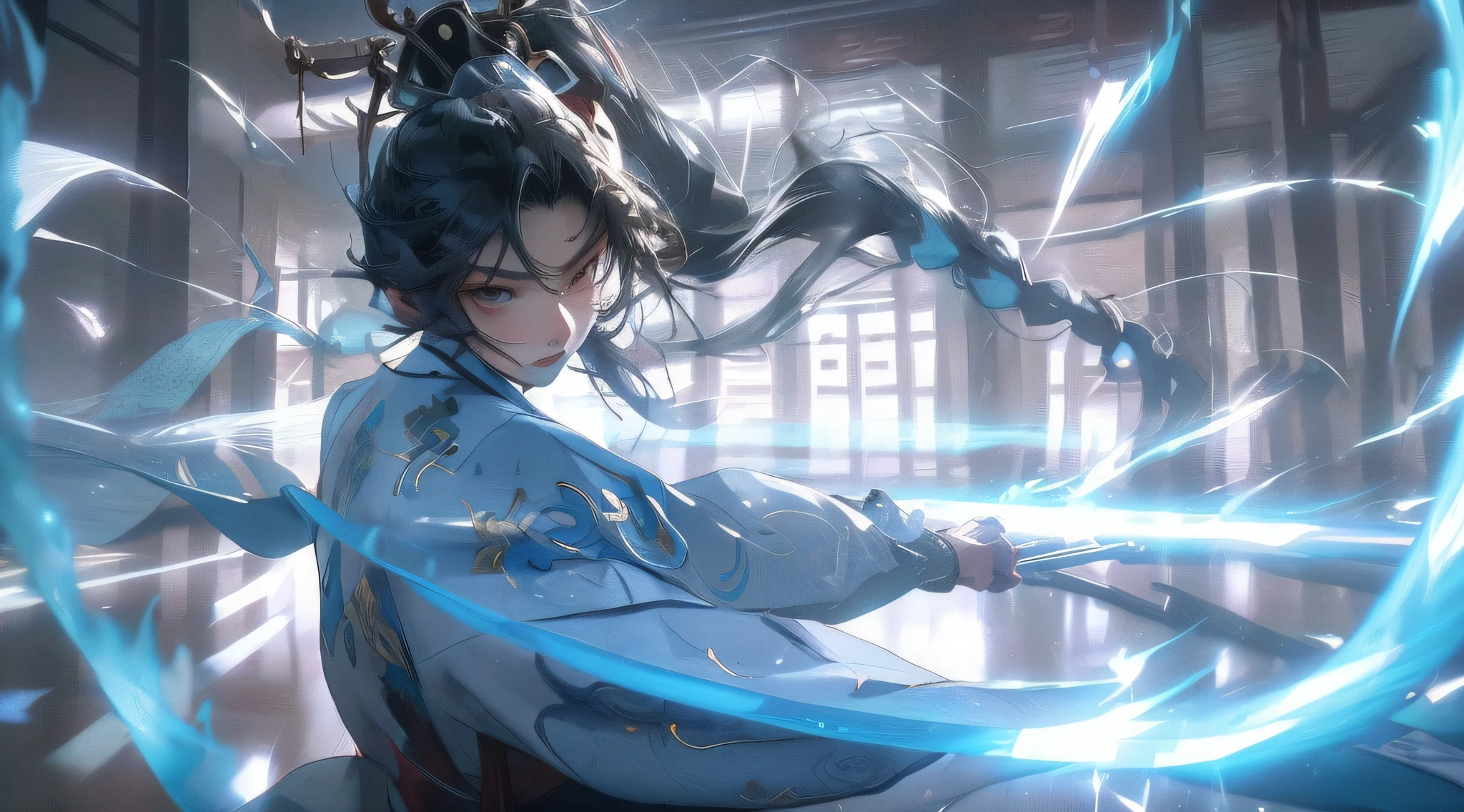 tmasterpiece,Need,A woman,China-style,Chinese Ancient Times,whaite hair,greyeyes,Bifurcation,long whitr hair,with long bangs,High ponytail,gentleness,A tranquil,Cyan robe,exteriors,cloaks,tree branch,Wind Comfort,The expression is serious, The posture is boxing