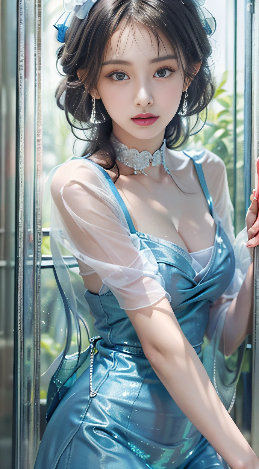 Close up portrait of woman in blue dress leaning against wall, Wearing a blue dress with ultra-thin fabric, in blue dress, Bright blue shiny lingerie, wearing blue dress, Icy Blue Dress, sky - blue dress, wearing a blue dress, translucent silky dress, in a blue qipao, Blue Dress, tall thin beautiful goddess, Dressed in blue, beautiful silky dress、((Ultra-thin fabric sticks to the body、show through、no-bra、Nipple ring))、Perfect body with realistic shades、translucent white skin、shiny white skin、Smooth white tight clothes suit、Photo by Fujifilm X-T3、(Photorealsitic:1.4)、(masuter piece:1.3)、 (intricate-detail:1.2), (crisp photos)、Raw photo, (top-quality, ​masterpiece:1.2),(intricate detailes:1.4),(octane renderings, Complex 3D rendering ultra detail, Studio Soft Light, Rim Lights, vibrant detail, Super Detail, realistic skin textures, Detail Face, Beautiful detail eyes, Very detailed CG Unity 16k wallpaper, make - up, (detailedbackground:1.2), shinny skin、(In SFW)