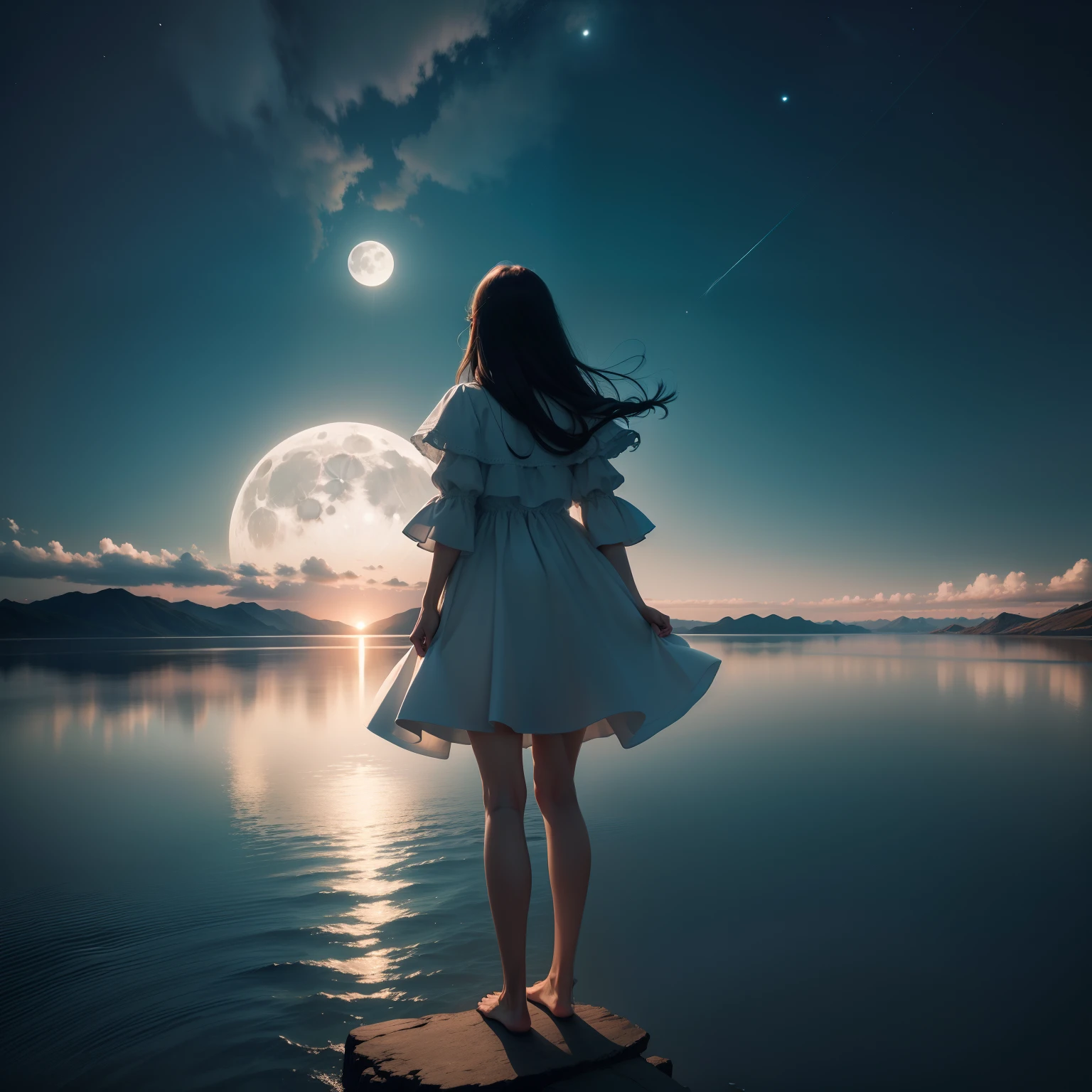 Expansive landscape photograph，（look from down，Above is the sky，Below is a clean lake），A girl standing on the edge of a lake looking up，A moon in the sky，Moon on the lake，Bright moonlight（moon full：1.2），Hyper-realistic，tmasterpiece，Extremely detailed，Background of big fish jumping out of the water