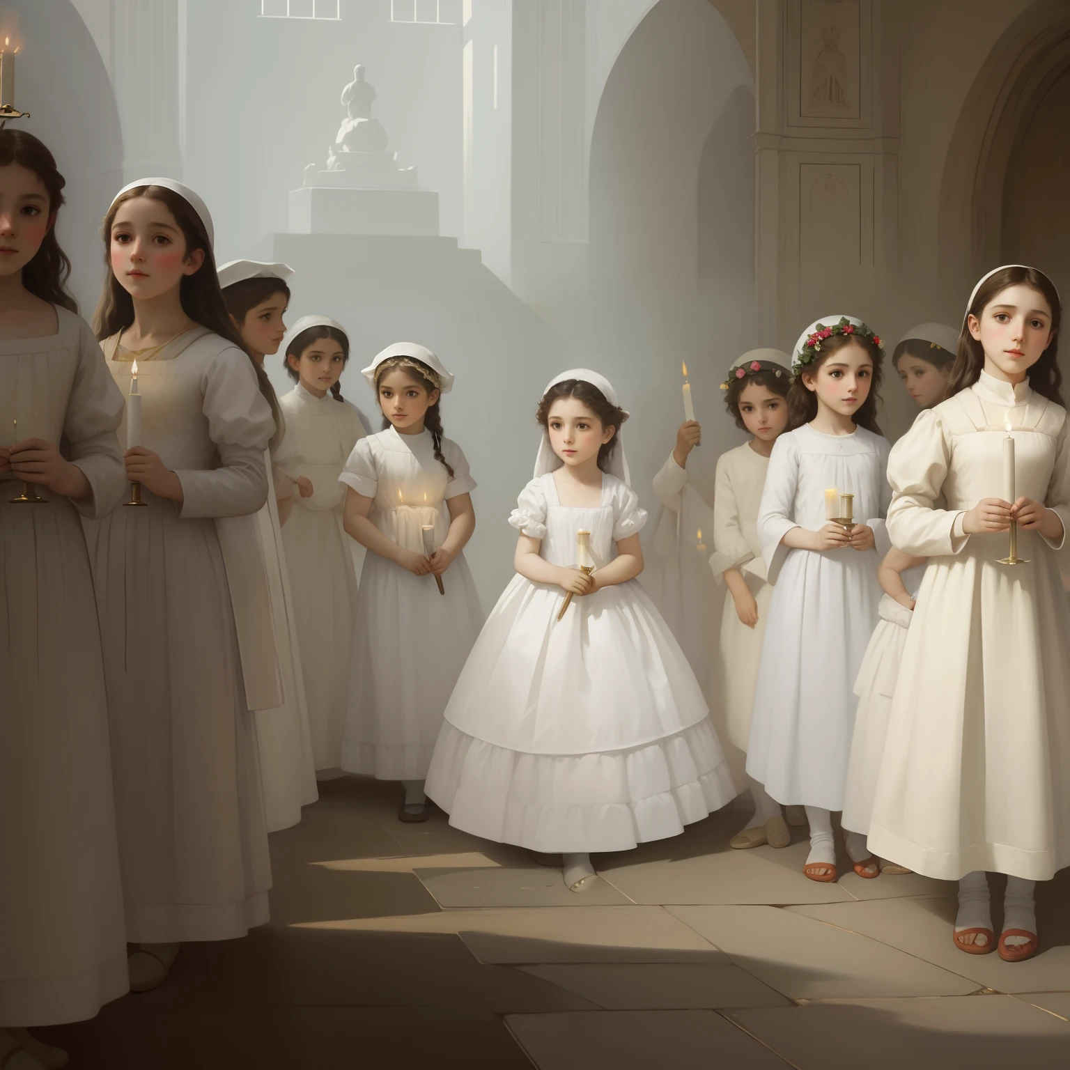 There are many children dressed in white holding candles, inspirado em William-Adolphe Bouguereau, Bouguereau. tiro completo, Maria Jane Ansell, Directed by: Artur Tarnowski, pintura digital barroca, Directed by: John La Gatta, pintura digital renascentista, Arte no estilo de Guweiz, Arte infantil em Artstation