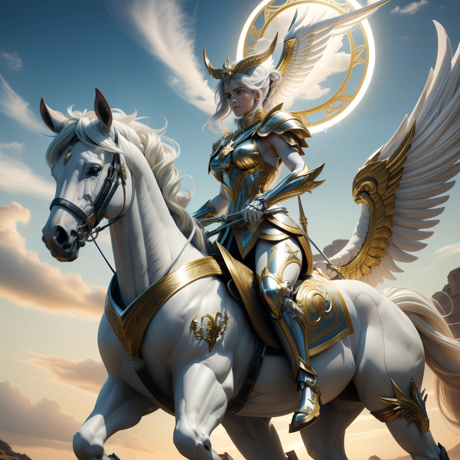 ( melhor qualidade ), ( Ultra HD ), ( qualidade 8k ), ( detalhes perfeitos ), ( Anatomia perfeita dos personagens ), ( perfect lighting ), Mulher Centauro linda da mitologia grega com arco e flecha, mulher montada em um cavalo branco pegasus,dressed in costume of women's clothing from Greece