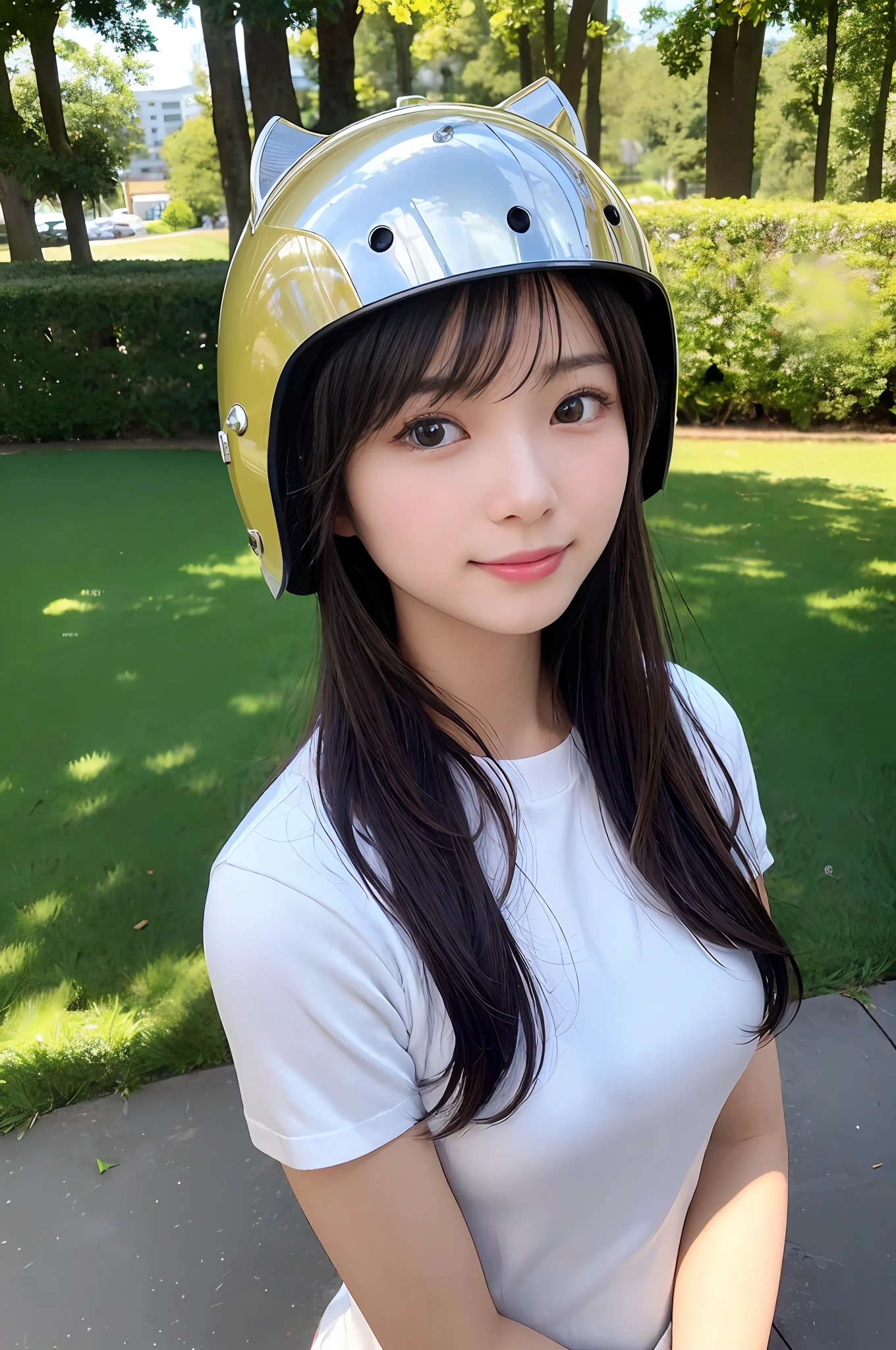masterpiece, best quality, photorealistic, raw photo, DSLR, 15-year-old beautiful Japanese girl, shiny fair skin, realistic beautiful no makeup face, realistic beautiful bright eyes, double eyelids, look at viewer, smiling, highly detailed shiny black short hair and bangs, disheveled hair, slim figure, slim face, slim waist, big breasts, ((casual clothes, ride cub, half helmet)), realistic lighting and shadows, highly delicate and beautiful photo, ultra high resolution, 8k UHD wallpaper,