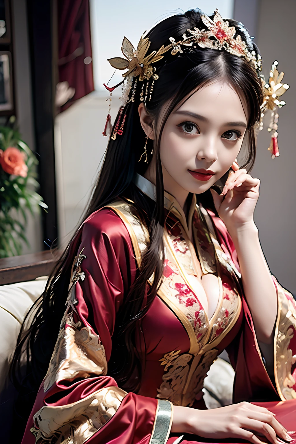 （Ultra-realistic 8K CG：1.2），Perfect artwork，delicate patterns，Complicated details，（Unbeatable masterpiece，Best quality at best：1.2），（extremly intricate：1.2），A woman in a red and gold dress，Phoenix crown，hair stick，（sitting on red bed），cosmetics，Be red in the face，is shy，black_Hair，looking-down，cosmetics，（forehead dot），（2 red candles），Chinese_clothes，窗帘，耳Nipple Ring，Hair_decorations，Hanfu，inside in room， jewely，rednails，Long_Sleeves，reddress，Redlip，nipple tassels，（Red quilt），（red palace：1.2），（Chinese Ancient Architecture），（rot：1.8），natta，perfect hand
