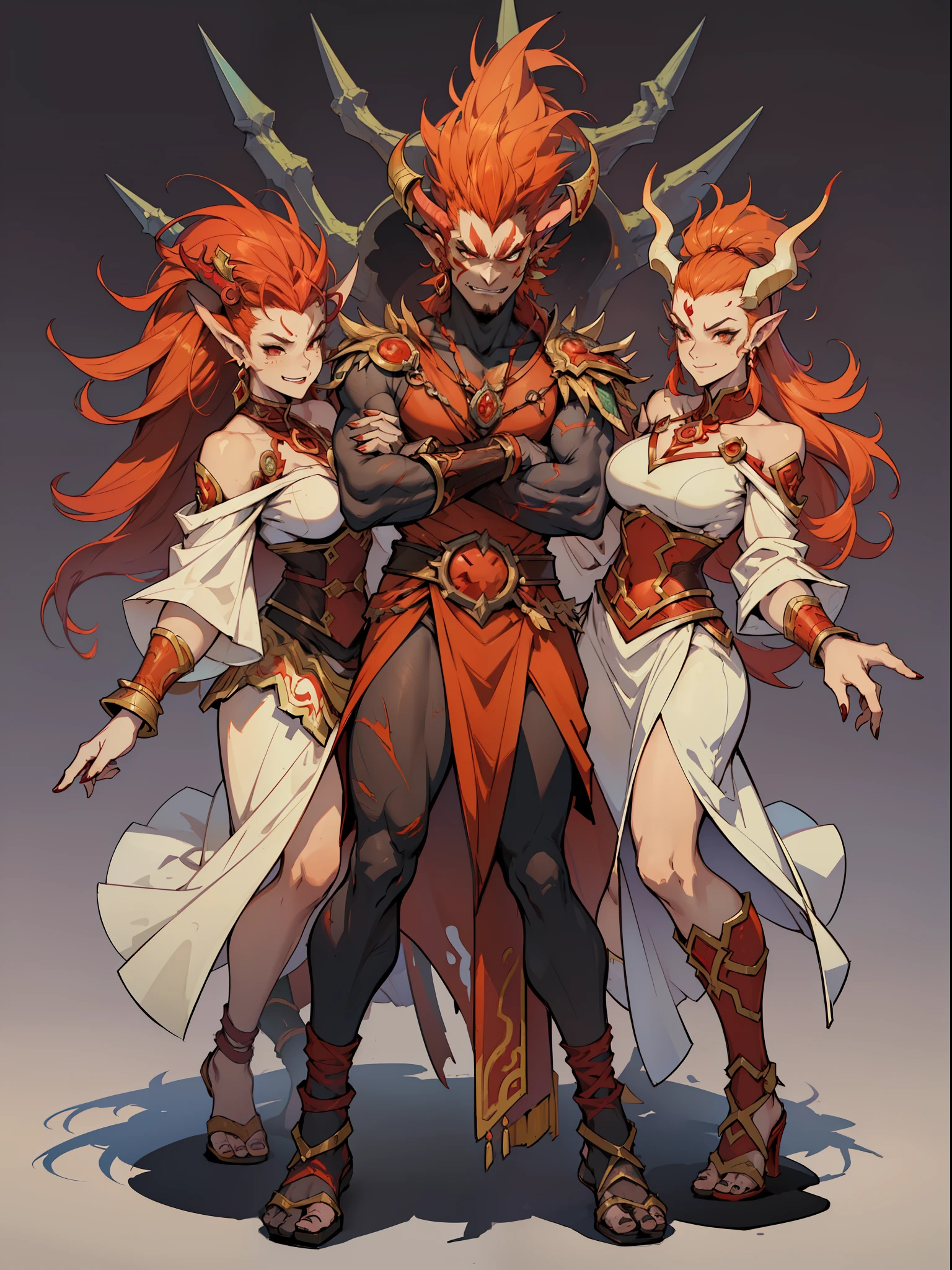 ((top-quality))、((tmasterpiece))、((Full body photo of a woman))、((very simple background))、(Game character design)、Amazonian Warriors,Original costume,Red demon monster、monster design,(the fire goddess,Lava elements fuse)、Cartoony、Beastman、Ivory ornaments、独奏、Fighting posture,Riot game concept art