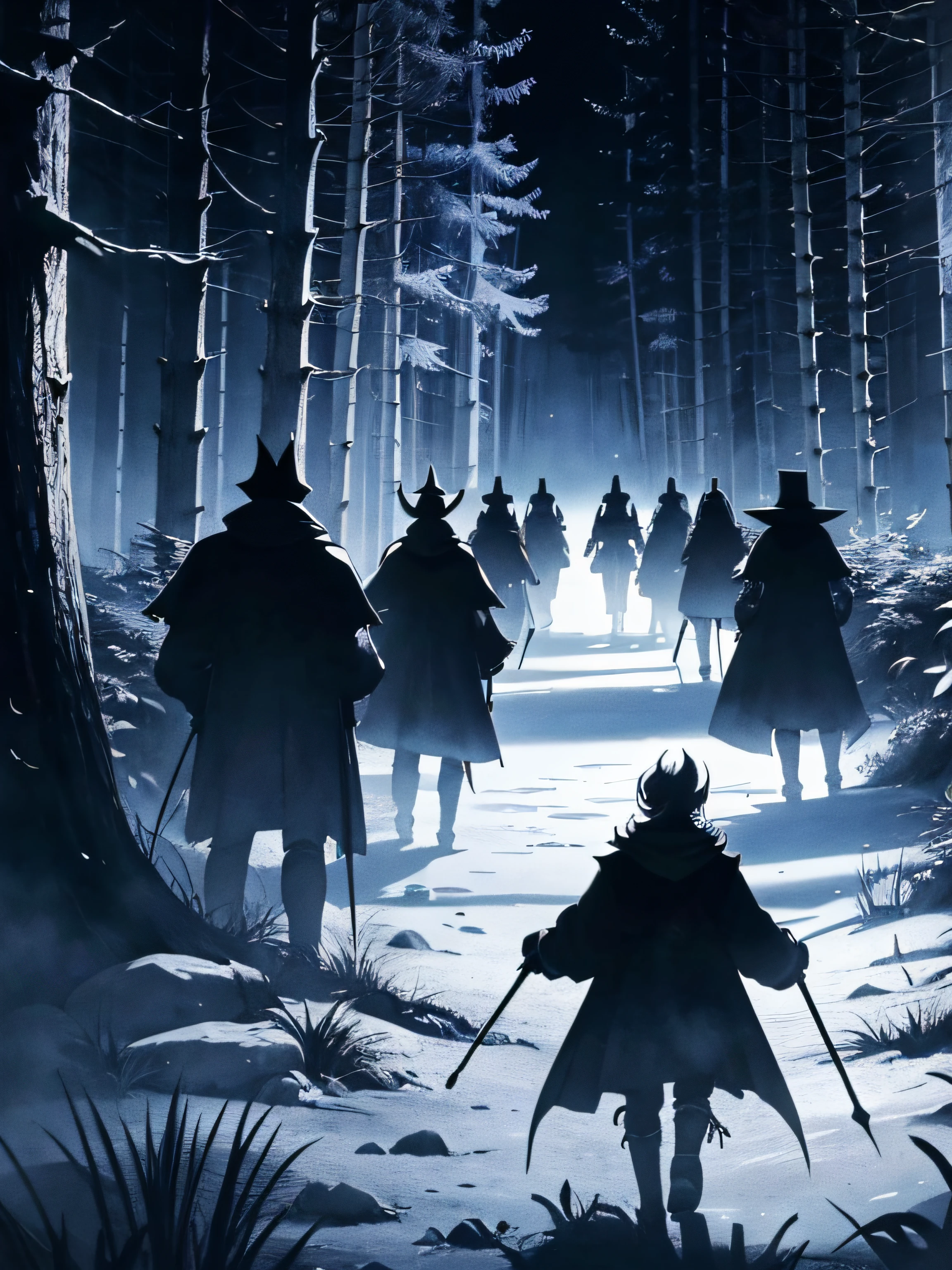 7 knights, walking through a dark forest in the middle of the night  , as manga comic panel, manga drawing, manga shading, 4k, horror drawing
