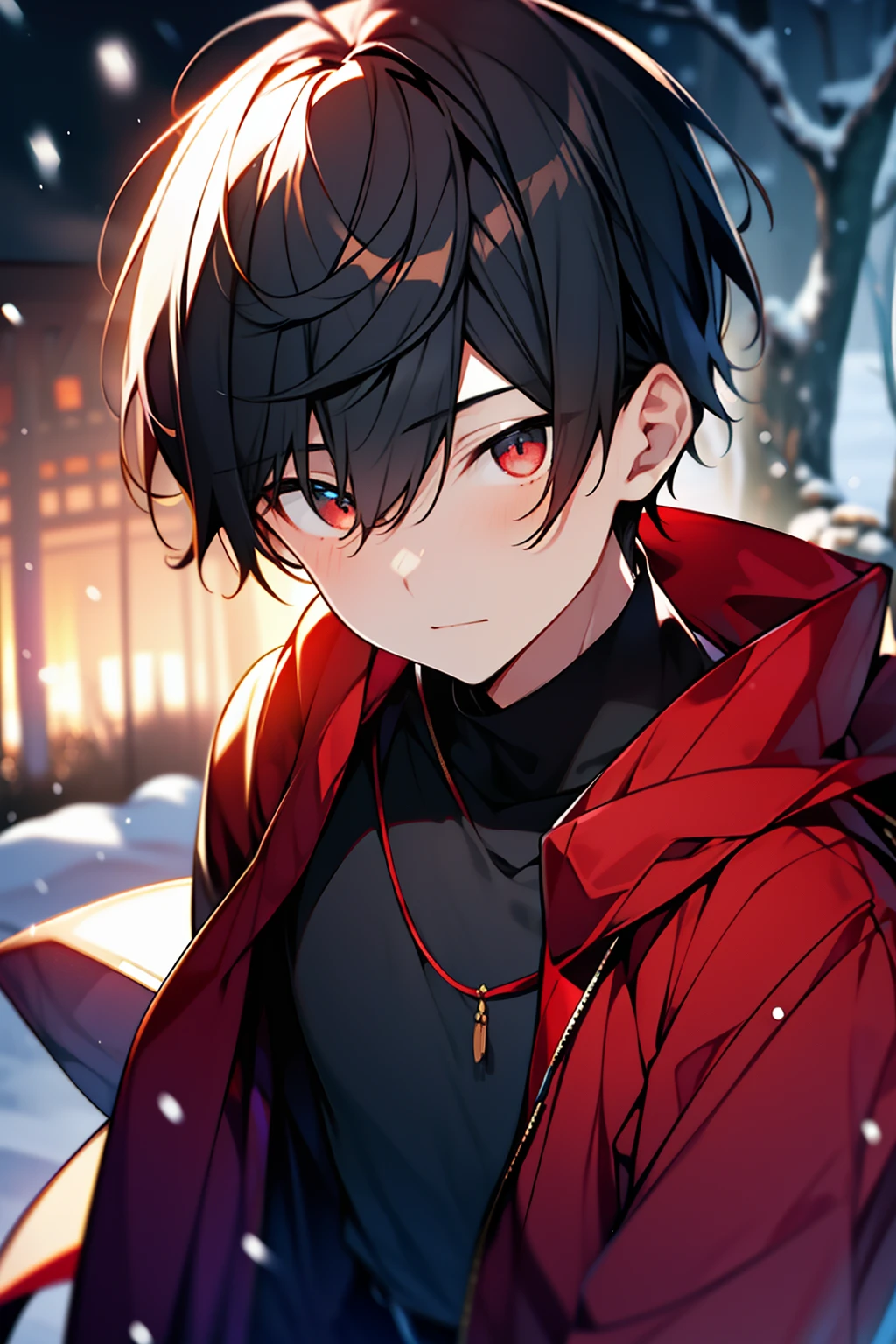 younge boy,1male people,Shota,Short black hair,red color eyes,Depicts delicate eyes,Exquisite facial features,hooding,extreme hight detail,Delicate depiction,parks,snow landscape,the night,Depth of field effect,The upper part of the body。