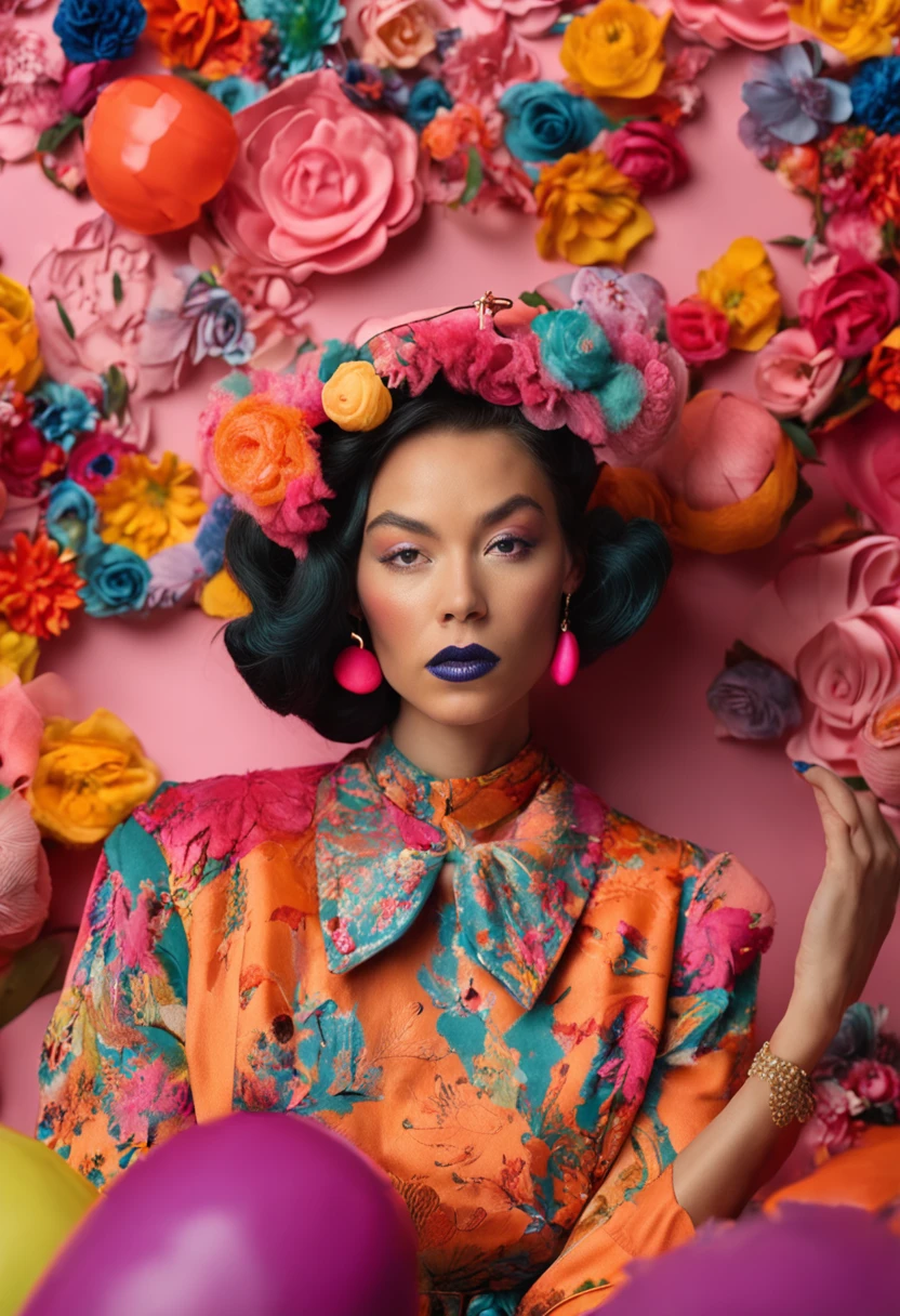 Haute couture spring fashion shoot,Cute haute couture handbags,Lucy Grosssmith style,colorful,Striking composition,vibrant paint palette,Inspired by vintage aesthetics,An atmosphere of indifference and detachment,retro aesthetic,Inspired by folk art,Light and dark intertwined,Collage aesthetics,Olivia Gibbs