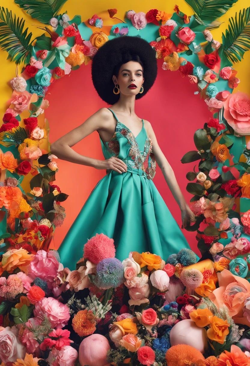 Haute couture spring fashion shoot,Cute haute couture handbags,Lucy Grosssmith style,colorful,Striking composition,vibrant paint palette,Inspired by vintage aesthetics,An atmosphere of indifference and detachment,retro aesthetic,Inspired by folk art,Light and dark intertwined,Collage aesthetics,Olivia Gibbs