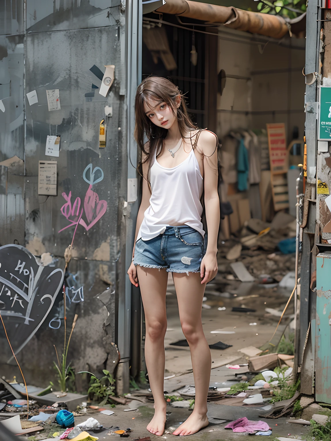 tmasterpiece，photograph realistic，abandoned building，Garbage all over the ground，grimy，white see-through panties，Very beautiful 20 year old Korean model，full-body portraits，Sexy standing pose，very beautiful long slim legs，The barefoot，Naked all over the body，full body exposed，exhibitionists，(Systemic random exposure)，Exposing the genitals