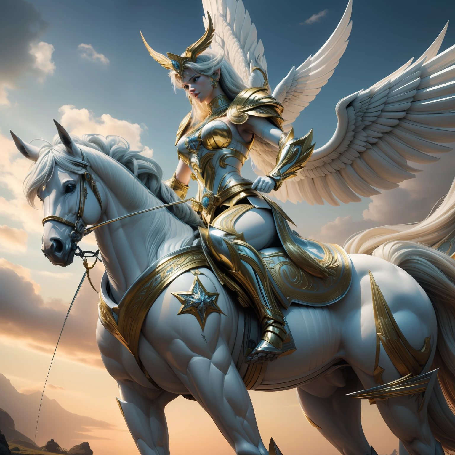 A female centaur，She is famous in the multiverse，She is both a female centaur, half human, half horse, half horse，It is also a female Yingzhao。She blends both images，The first is：（（The head of the horse/neck/Shoulder these parts，Replaced with a beautiful female human upper body）：9.9），of females are half-centaurs, half-horses, half-humans，The second is：（（The head of the horse/neck/lower back/hason/gluteal/Shijo Thigh Female Embodiment）：9.9），'s（（Female half-horse with beautiful woman's）：9.9，Chimer）：9.9），（It's like a female human wearing a half-horse-like costume and making a seamless chimera：9.9），This chimerization is based on powerful futuristic technology。The ultra-wide-angle lens captures the image of her beautiful and ethereal wings on the ionosphere launching a super-high-speed charge and leaping。Her front half is distinctly feminine，Tall sexy body，possessed（K cup giant coconut tit chest：9.9），It has a small man's waist butterfly straddling（Long legs：9.9），The embedded interface of the half-horse part of the bent feminine state of the back half of the body is in the hip position。（The horse-shaped, half-horse torso form of her back body is completely female humanization9.9）。The chest cavity of a woman in the shape of a bent dog style embedded in the lower back position of the beautiful woman's body starting from the upper part of the sternum/lower back/Ventral transverse。Then there are the sexy beauty's upright hips，（Her entire body has been completely female and replaced by a female body：9.9），Including the half-horse part。Mechanized armor covers the legs with knee-shaped anti-joints and feet，And these parts are highly anthropomorphic，This makes her legs graceful and slender，Her four horse legs exploded in length proportions and was slender and toned，Under the legs are skinny white feet dressed in Skyscraper Heels，Use Midjourney's advanced stroke tools and color palettes, as well as texture packs, model packs, and texture tools，Concentration，Include all parts of her