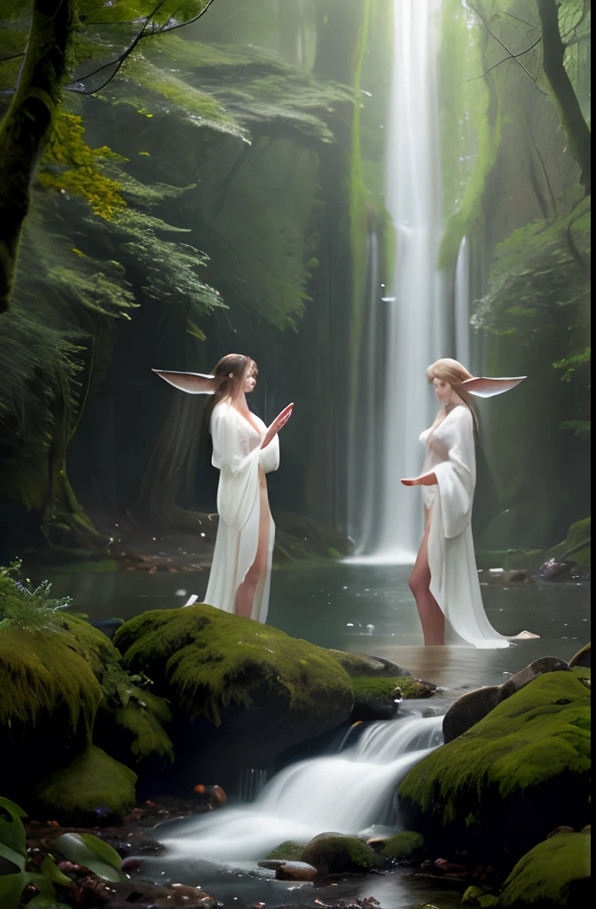 Masterpiece, two beautiful ethereal elf maidens wearing plunging white silk robes, Playboy model body, medium breasts, raining, wet transparent clothes, wet skin, wet hair, (skin texture:1.1), best quality, ultra high res, digital art, realisitc, (Natalie Portman:Katherine Heigl:0.7), fantasy forest background
