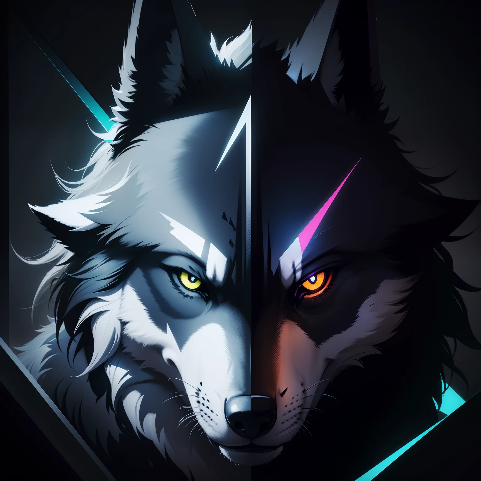 Wolf dark knight neon color shades geometric shapes design 4k hd painting effect