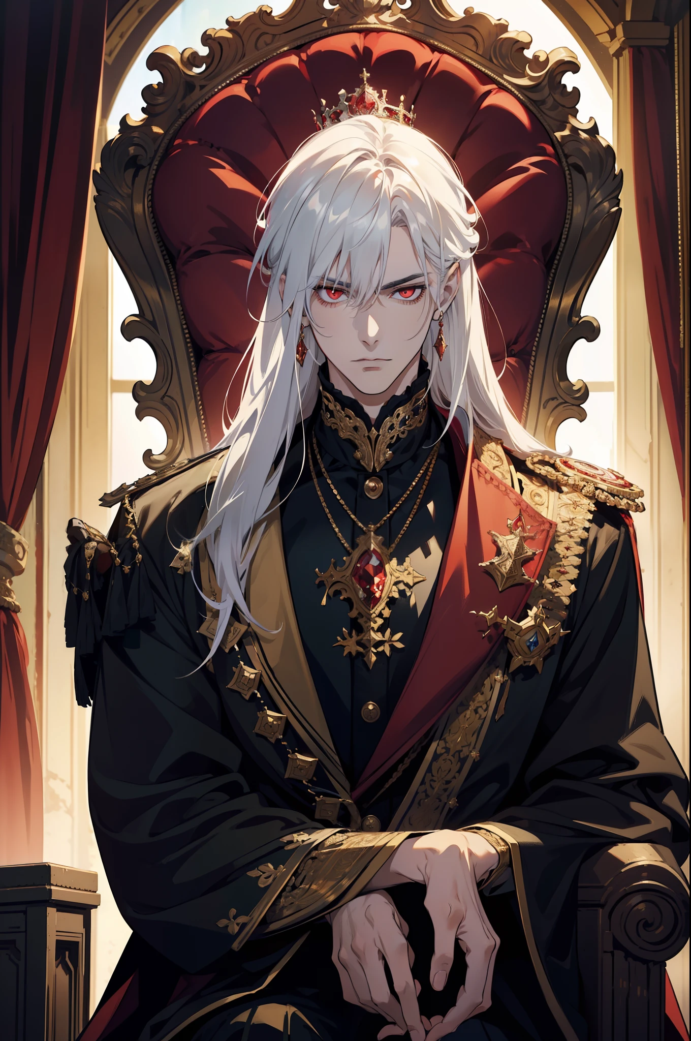 A white-haired, red-eyed prince sits on a majestic throne inside an abandoned palace with crown. The environment around him is dark and gloomy, with cracks in the walls and cobwebs hanging there. The throne is ornate, with details in gold and precious stones, and is covered by a dusty cloth. The protagonist is wearing royal clothing, with a determined expression on his face, as he stares at the horizon with glowing red eyes, masterpiece, best quality, ultra-detailed, illustration, 8k resolution concept art, fantasy art, epic art, concept art wallpaper 4k, deep color, natural lighting. adult, handsome, tall muscular guy, broad shoulders