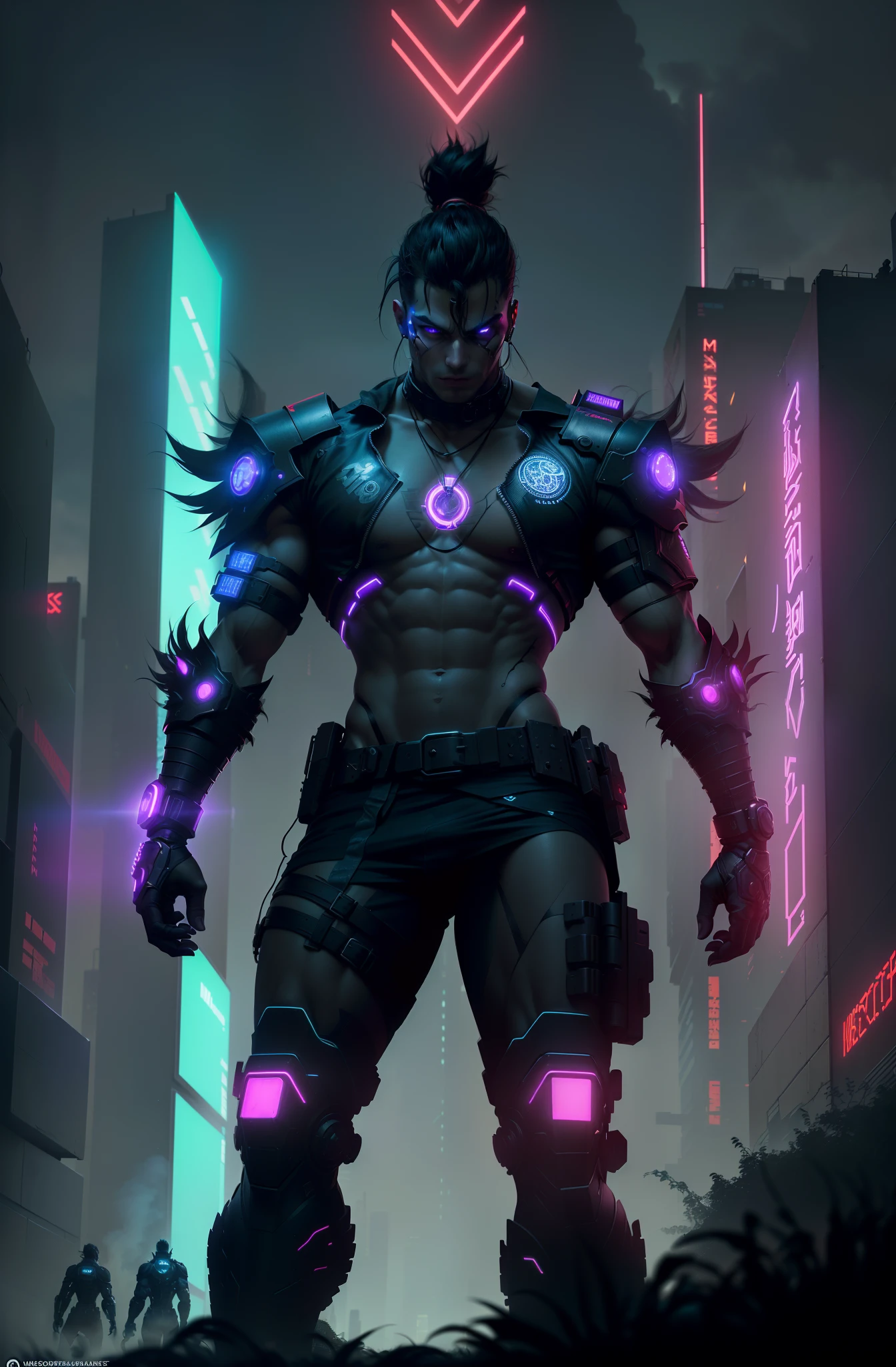 The Warrior's Resolve. Generate an image featuring a cyberpunk-inspired, male warrior standing tall amidst the neon-lit darkness of the cityscape. His aura exudes honor and integrity as he readies to fight for truth. The image should capture his determination within the dark aesthetic while fitting a 9:16 aspect ratio