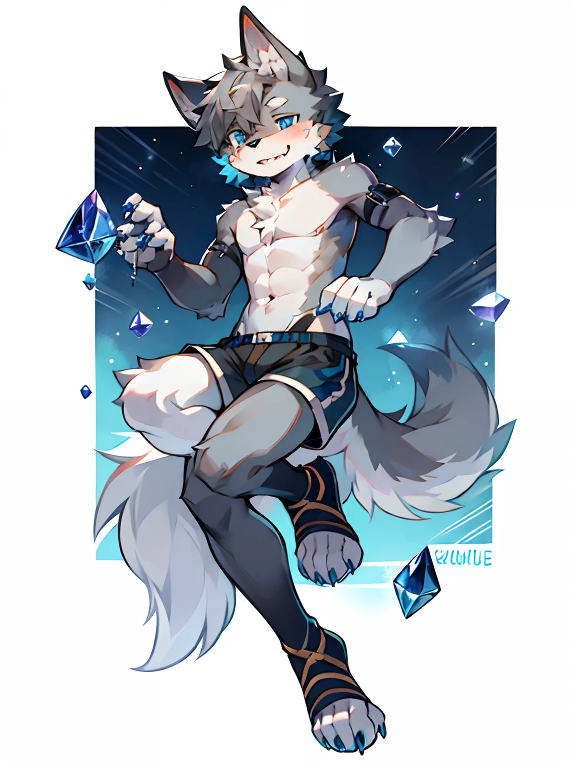 Furry，Wolf Boy，White fur，crystal blue eyes，Single fluffy tail，greyt hair，short detailed hair，城市