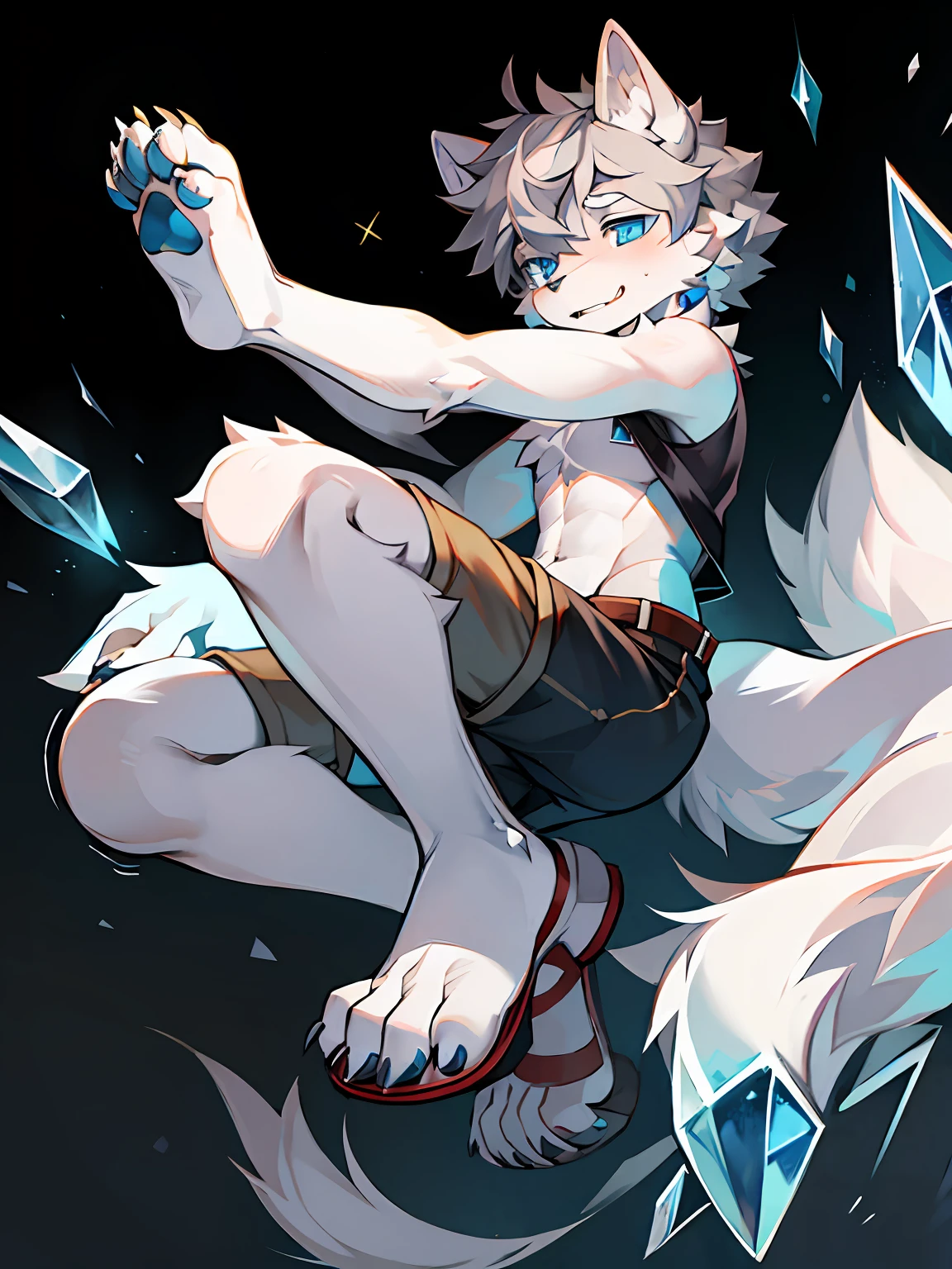 （tmasterpiece：1.2），（anatomy correct：1.1），（high qulity：1.5），（（（solo male anthropomorphic）））Furry_Transformation Wolf Flsona，1 Wolf Boy，White fur，crystal blue eyes，（Celestial nose），White claws，White feet，canine hands，（Details dog feet：1.2），Black beans，Detail beans，（（1 Wolf Boy）），[digitial painting\（artwork of a）：：：0.8]canine feet，（lines of movement：1.1），Single fluffy tail，[aquarelle（artwork of a）：0.6]，greyt hair，short detailed hair，grey shorts，sandals
