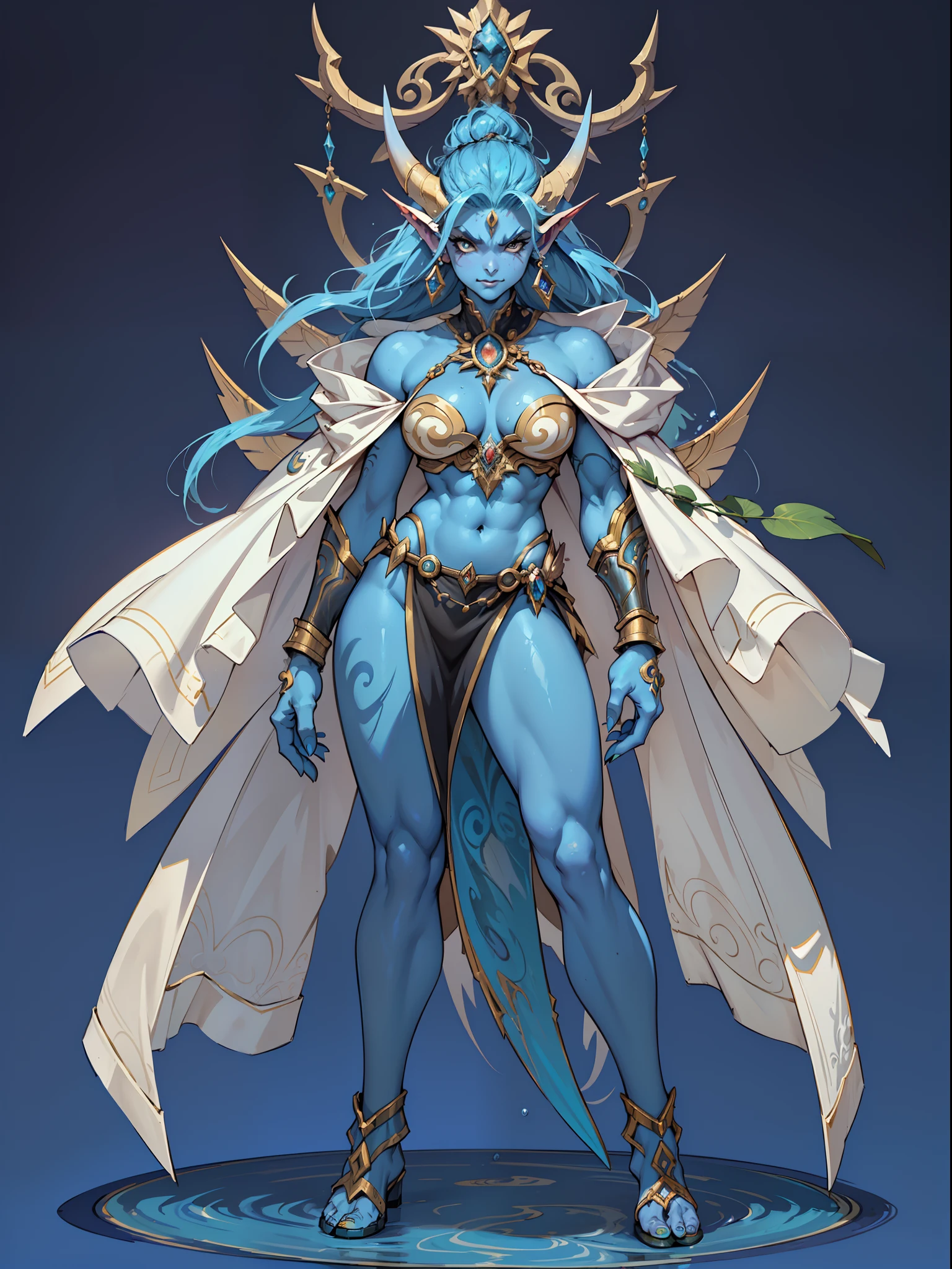 ((top-quality))、((tmasterpiece))、((Full body photo of a woman))、((very simple background))、(Game character design)、Amazonian Warriors，Original costume，Blue demon monster、monster design，(Water Goddess，Marine element merger)、Cartoony、Beastman、Ivory ornaments、独奏、Fighting posture，Riot game concept art