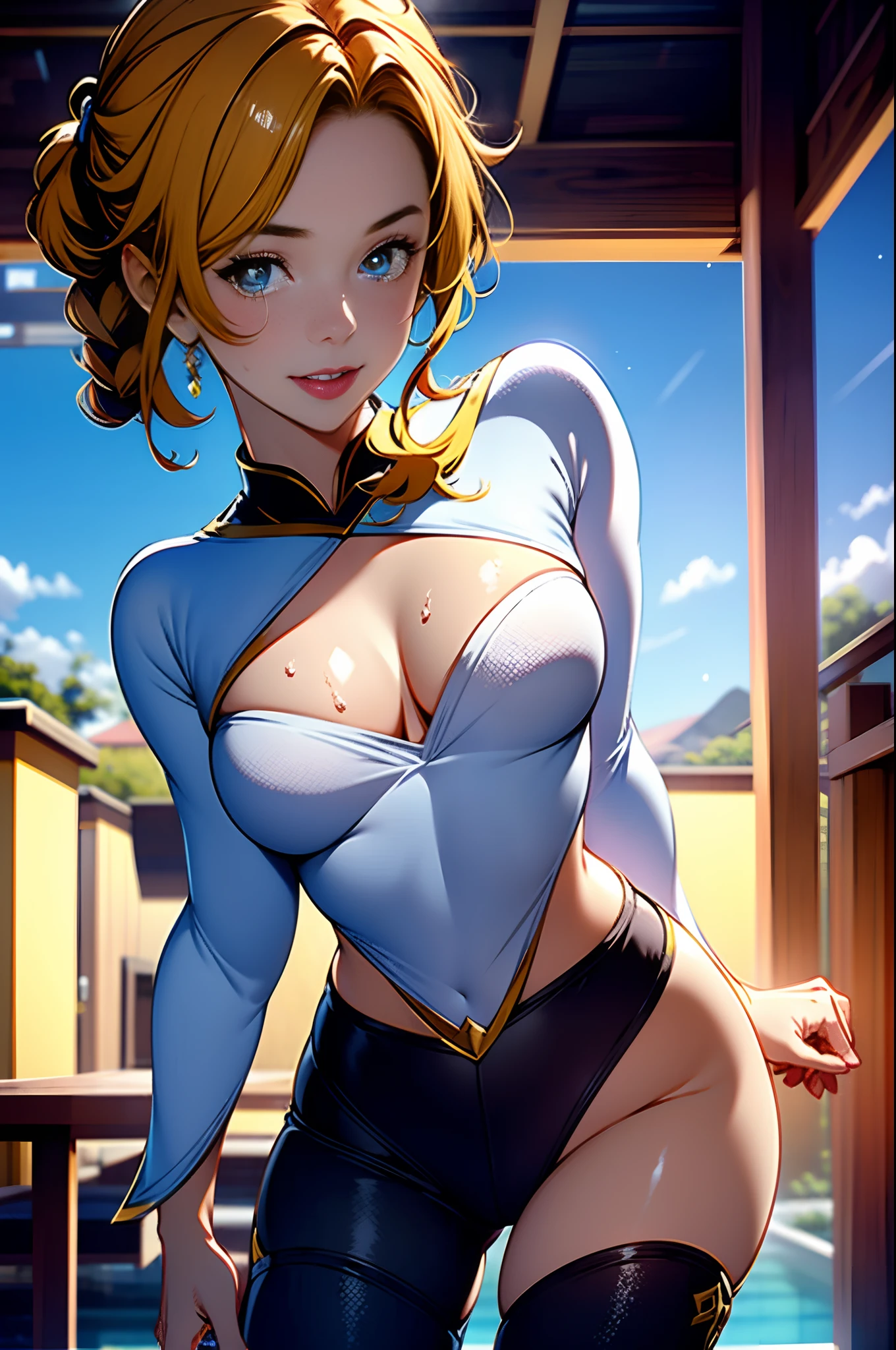 1female,,bit girl,Small lolinographic exposure, 独奏,(Background with:ln the forest,the rainforest,in summer) She has long blue hair,standing on your feet,Sweat profusely,drenched all over the body,seen from the front, hair straight, mostly cloudy sky,(((tmasterpiece),(Very detailed CG unity 8K wallpaper),best qualtiy,cinmatic lighting,detailed back ground,beatiful detailed eyes,Bright pupils,blue color eyes,Redlip(Very fine and beautiful),(Beautiful and detailed eye description),ultra - detailed,tmasterpiece,)),facing at camera,A high resolution,ultra - detailed),revealing breasts,Bare genitalia, Lower body elevation,Raised sexy,Camel toes,Flushed complexion,Open-mouthed,frontage,Supergirl(Wearing:White cloak,black colored leggings,Red loose shirt),