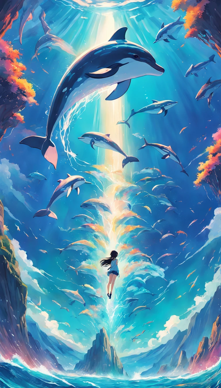 Painting of a pod of dolphins swimming in colorful ocean, Look up at the composition，sky whales, Inspired by Cyril Rolando, dreamy psychedelic anime, colorful anime movie background, A beautiful artwork illustration, author：Shitao, colorful concept art, Makoto Shinkai Cyril Rolando, In the style of Cyril Rolando, flying whale, Highly detailed watercolor 8K, highly detailed water colour 8 k，octane，Fine，Realistic，8K，Estilo de Makoto Shinkai( reasonable design, Clear lines, High sharpness,Best quality, Very detailed, Masterpiece, movie light effect, 4K )