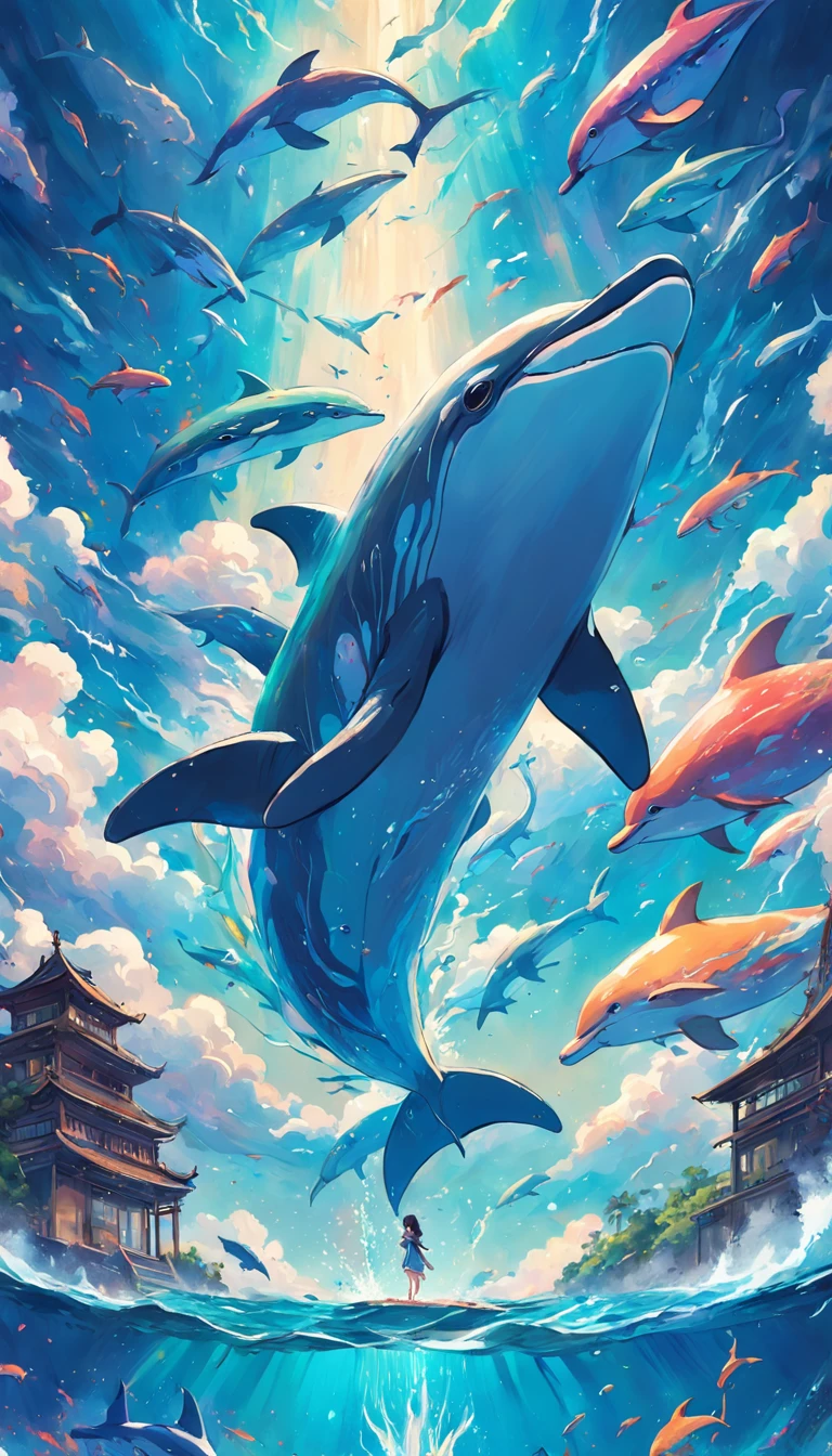 Painting of a pod of dolphins swimming in colorful ocean, Look up at the composition，sky whales, Inspired by Cyril Rolando, dreamy psychedelic anime, colorful anime movie background, A beautiful artwork illustration, author：Shitao, colorful concept art, Makoto Shinkai Cyril Rolando, In the style of Cyril Rolando, flying whale, Highly detailed watercolor 8K, highly detailed water colour 8 k，octane，Fine，Realistic，8K，Estilo de Makoto Shinkai( reasonable design, Clear lines, High sharpness,Best quality, Very detailed, Masterpiece, movie light effect, 4K )