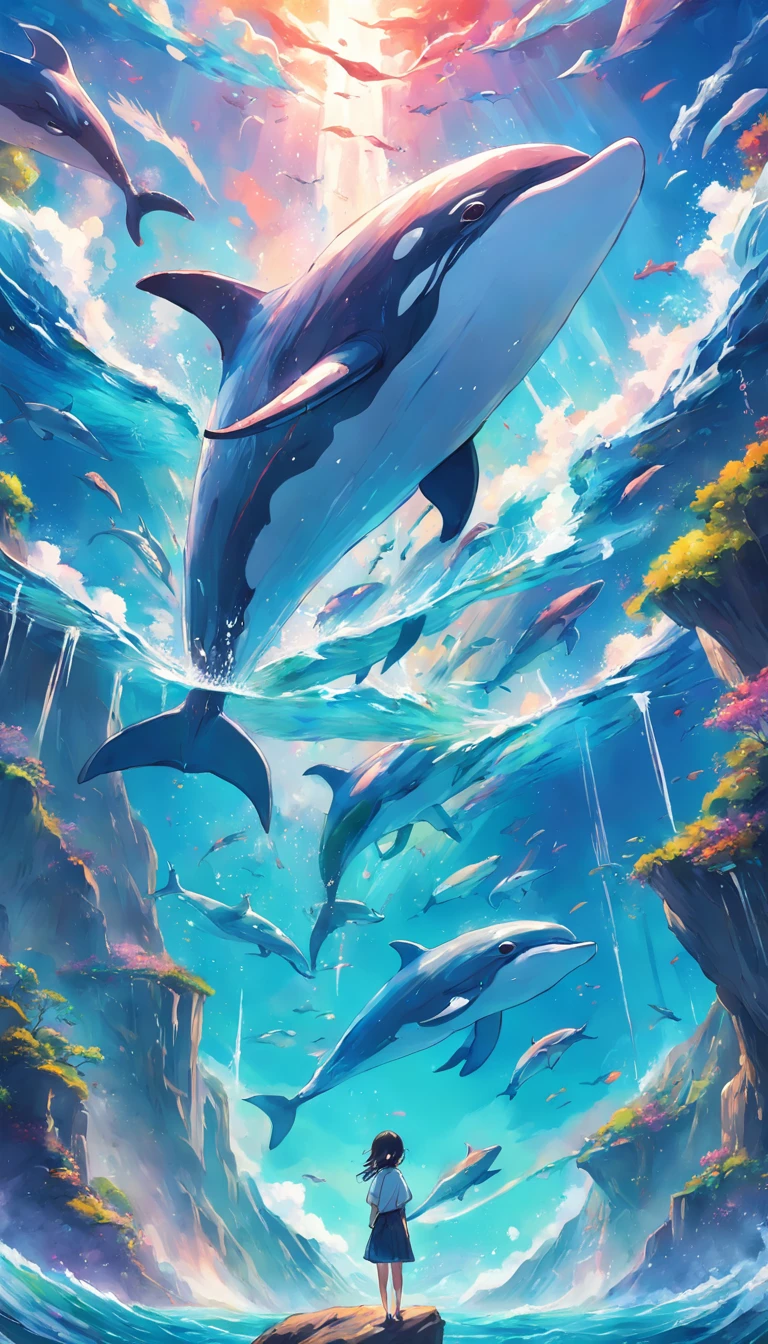 Painting of a flock of dolphins swimming in a colorful sea, Look up at the composition,sky whales, inspired by Cyril Rolando, dreamy psychedelic anime, colorful anime movie background, a beautiful artwork illustration, Authors:Sitao, colorful concept art, makoto shinkai cyril rolando, in style of cyril rolando, flying whales, High Definition Watercolor 8K, highly detailed watercolor 8 K,octane,Fine,Realistic,8K,Shinkai Makoto style( Reasonable design, Clear lines, High Sharpness,Best Quality, Very detailed, masutepiece, Movie Light Effects, 4K )