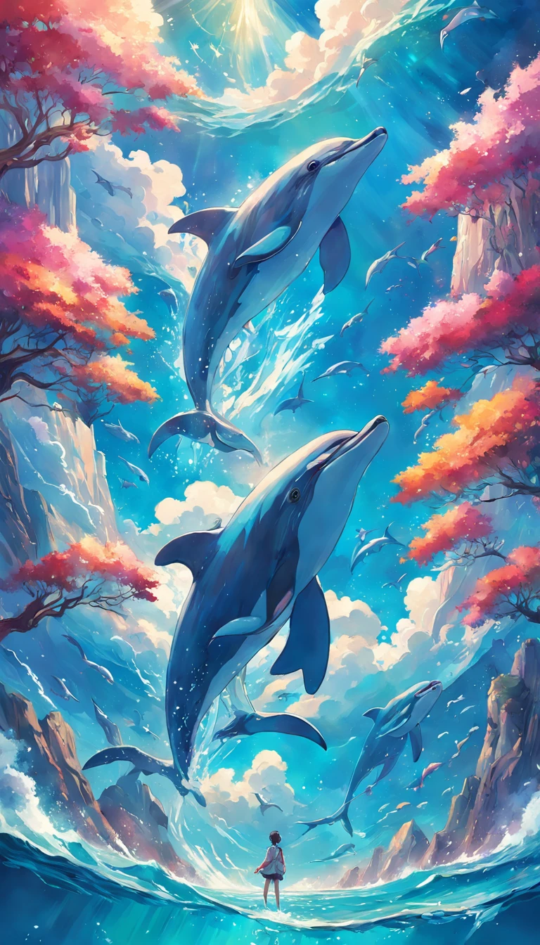 Painting of a pod of dolphins swimming in colorful ocean, Look up at the composition，sky whales, Inspired by Cyril Rolando, dreamy psychedelic anime, colorful anime movie background, A beautiful artwork illustration, author：Shitao, colorful concept art, Makoto Shinkai Cyril Rolando, In the style of Cyril Rolando, flying whale, Highly detailed watercolor 8K, highly detailed water colour 8 k，octane，Fine，Realistic，8K，Estilo de Makoto Shinkai( reasonable design, Clear lines, High sharpness,Best quality, Very detailed, Masterpiece, movie light effect, 4K )