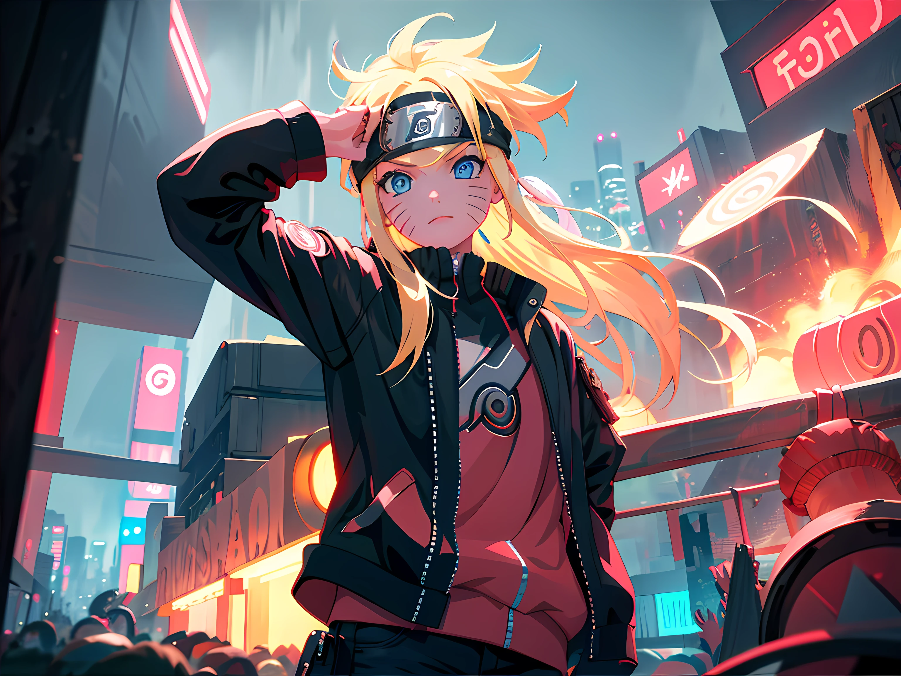 teens girl、Portrait, neonlight, 1 girl, Girly style, Pointy blonde hair, wound on cheek, Black and red clothes, Leather jacket, Jeans, Long boots, Turban with leaf symbol, Perfect eyes, Cute, Blue eyes, full bodyesbian, Color - Name Naruto Uchiha - Night background city with futuristic buildings and holograms