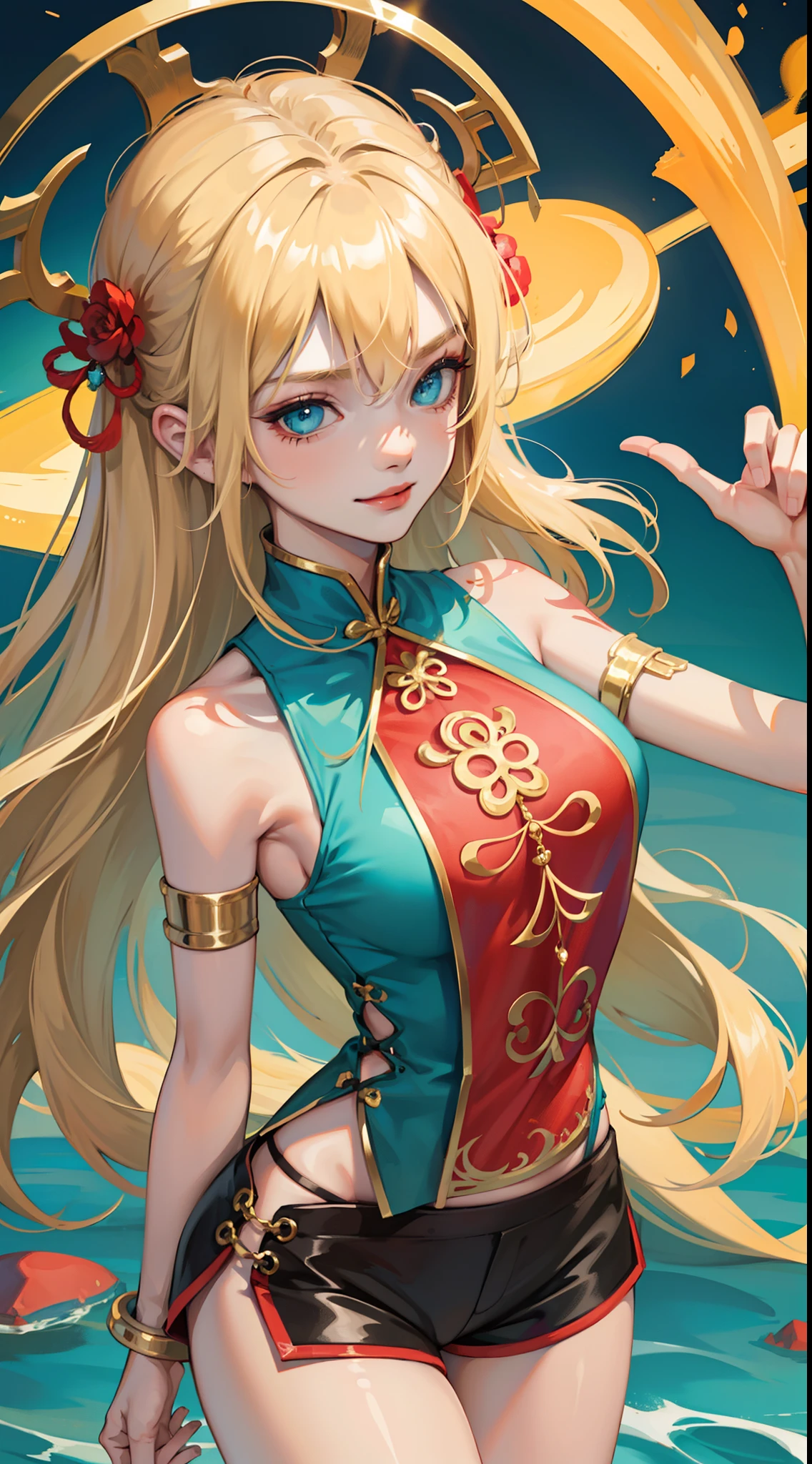 young girl, longue blonde hair, Cyan eyes, Tatoo, smirk, Red Chinese Top, Sleeveless, neckline on the chest, open breasts, Gold Elements, Shorts, tmasterpiece, hiquality