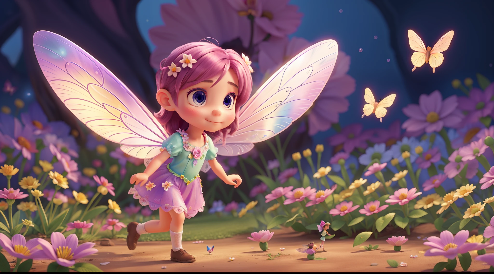 the Flower Fairy, Transparent colorful wings, Magic wand in hand,Exceptionally small flower fairy,Fly among the flowers,Microscopic perspective,A group of flower fairies,The background is a fairy with many flowers and small flowers