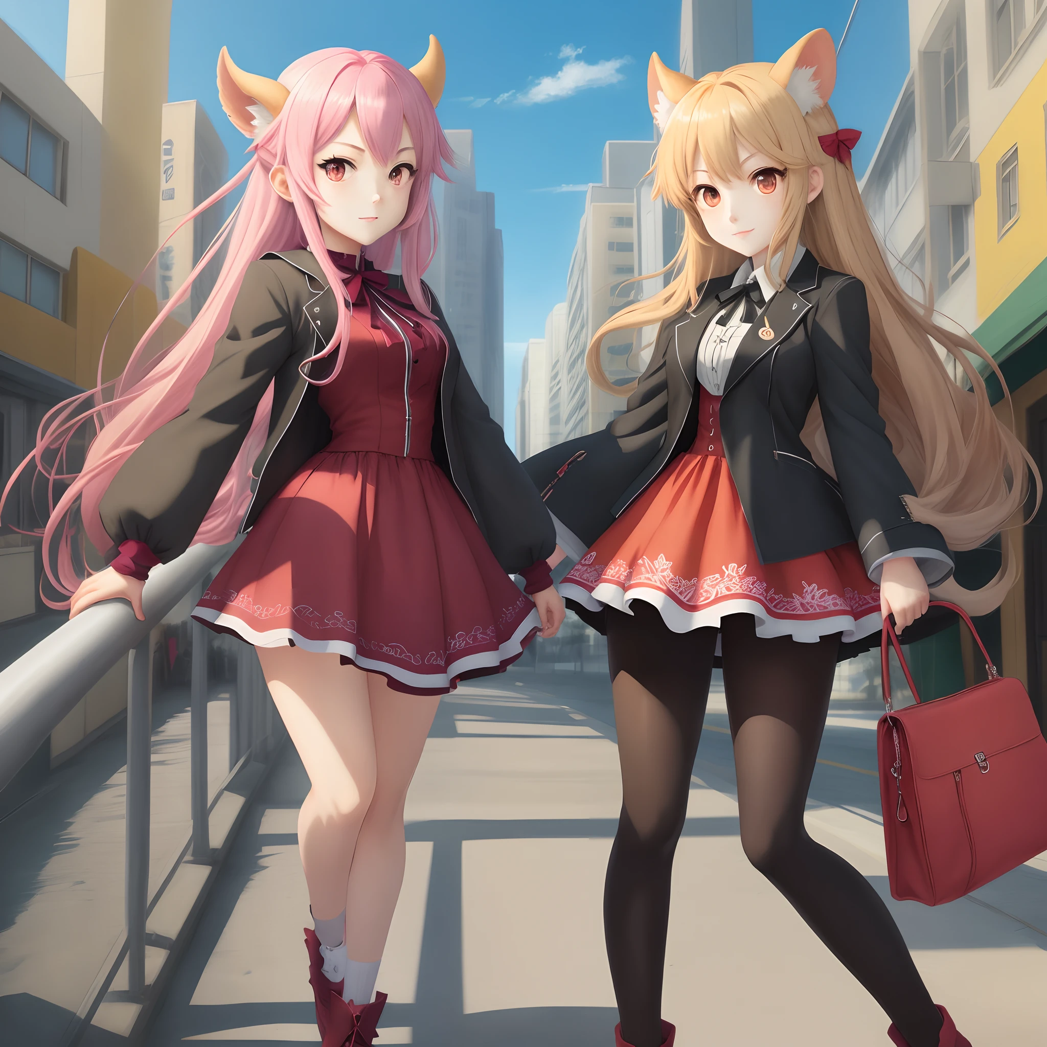 Melousine|genshin impact, masterpiece, bestquality,3 girl,young girl, Long Jeans, Wear glasses, long-haired, pink hair,unstable _Front,oily shiny skin,flat chest,nice leg line:1.3,thick thighs, thin-waist,, red_streaks_light_wrap_dress, white_platform_sneakers, woven_El_bag, straw_headgear, gold_hoop_earrings, jacket, modern looking city, long jeans city scenery,looking at the audience,From Top:1.2,dynamic angle