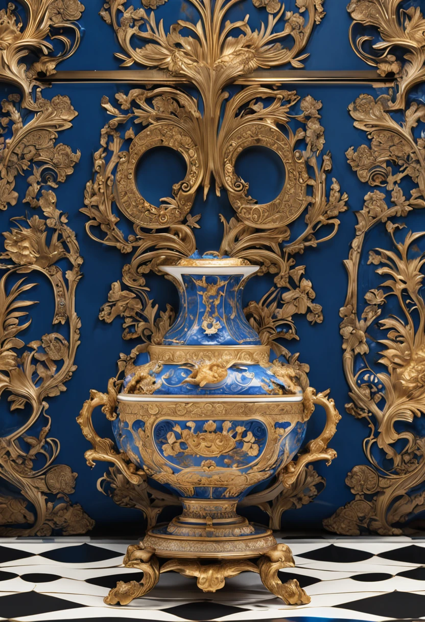 Depict a violin,The base is white porcelain, Decorated with intricate gold details and a blue Rococo style azulejo design. Against a black background, Use the Leica SL2 to capture the details of this masterpiece, Set the aperture to F/2.8 Keep the focus of all the subtleties. Use cinematic lighting for accentuation and extravagant décor. Aim for realistic performance at 8K resolution, Use the rule of thirds for a balanced and visually appealing composition